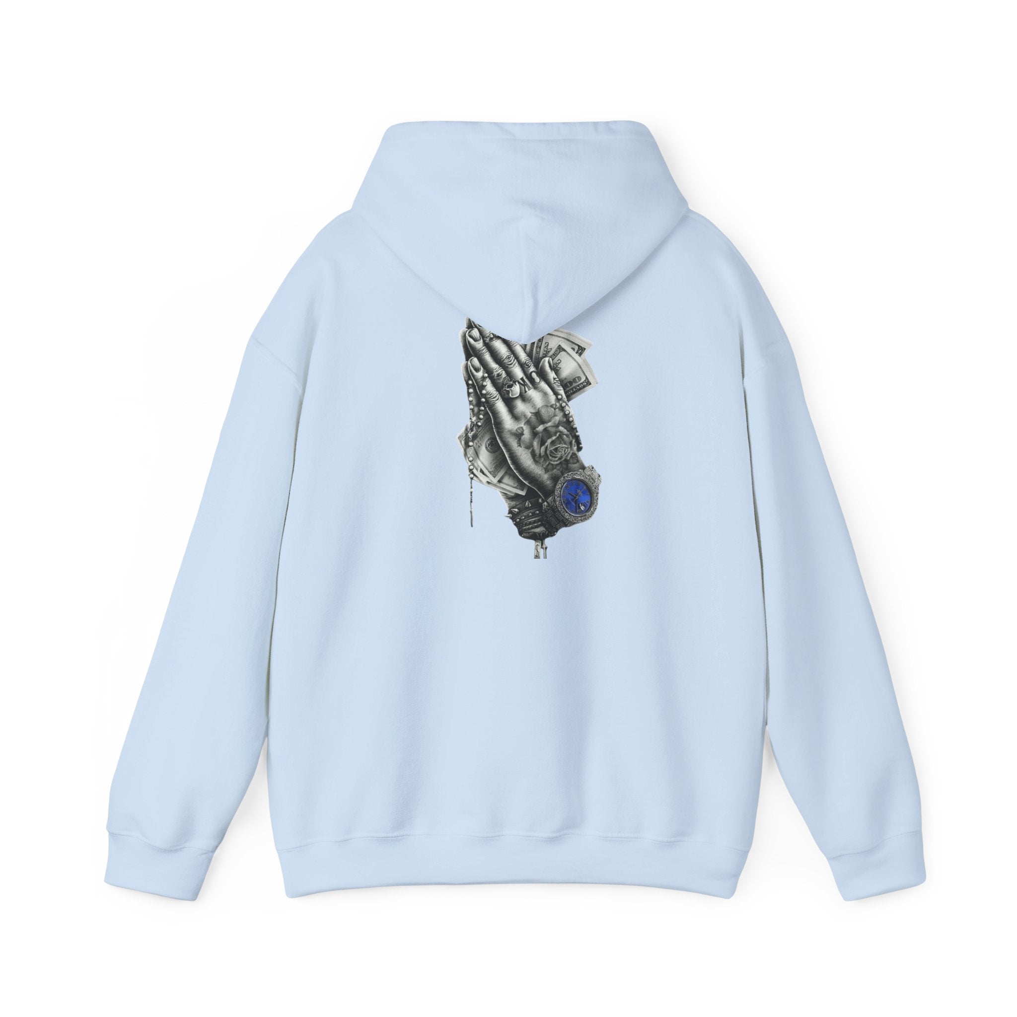 Hoodie — Praying Hands Graphic Hoodie with Blue Rose Accent