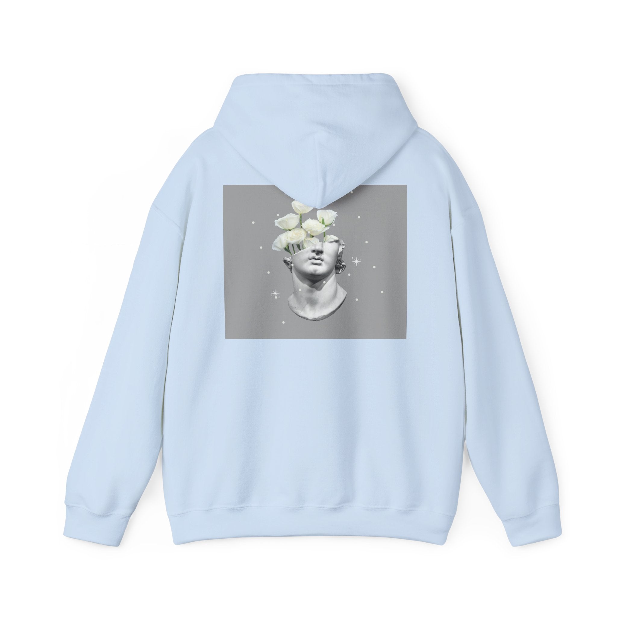 Statue Bloom Hoodie — Classical Bust with White Flowers Graphic Hoodie