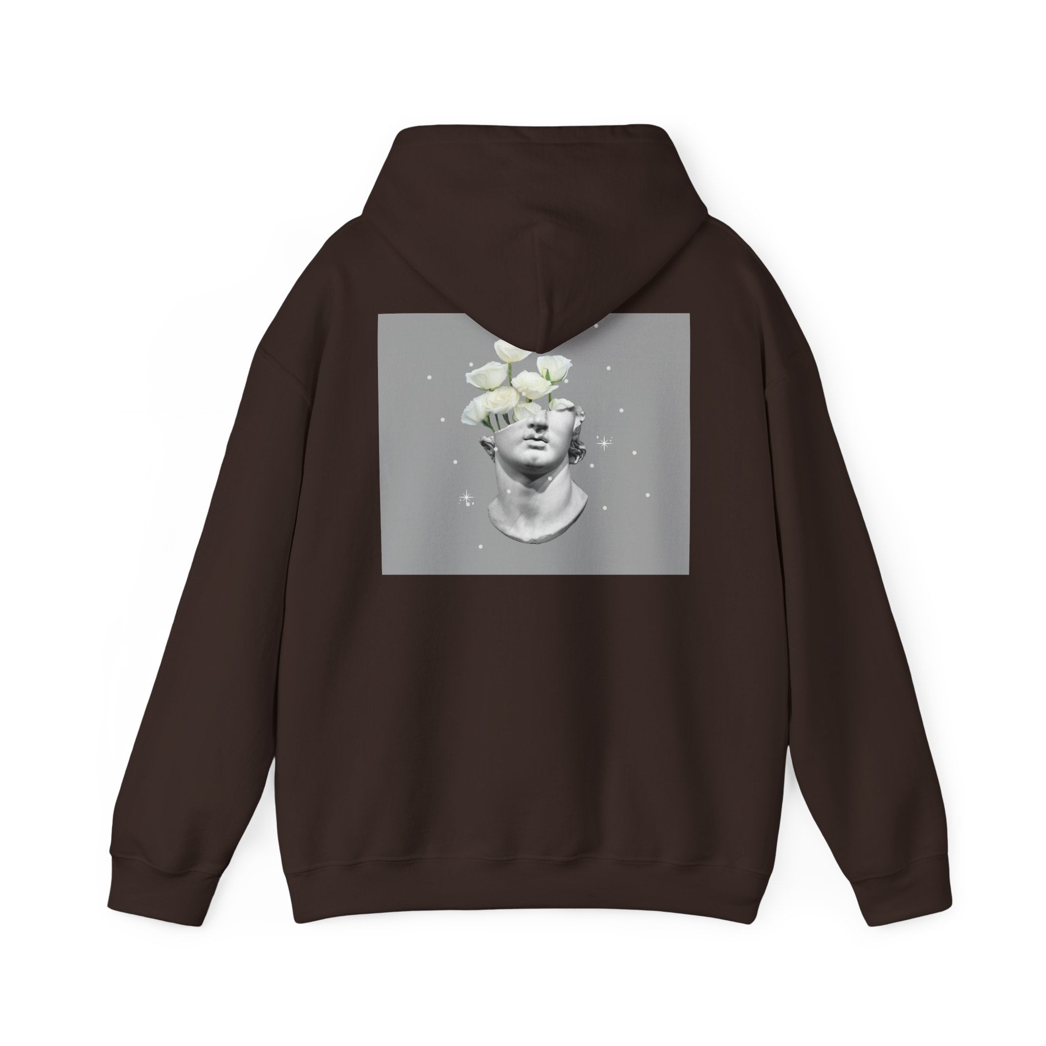 Statue Bloom Hoodie — Classical Bust with White Flowers Graphic Hoodie