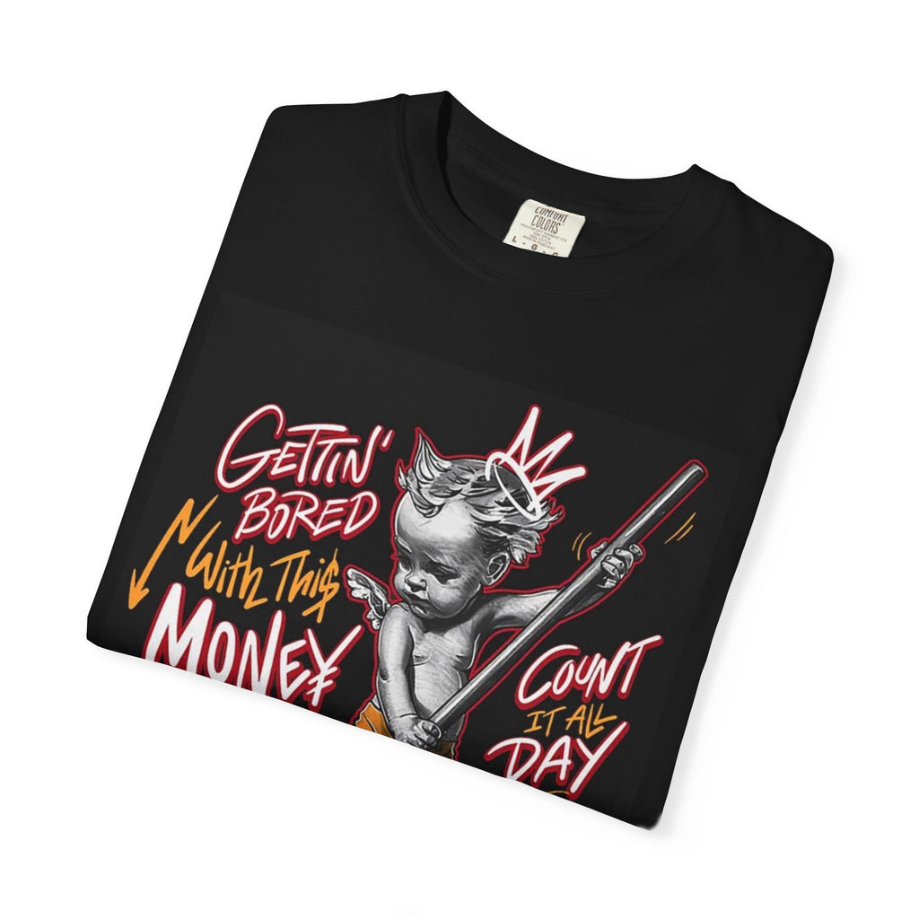 Cat Broomstick Money Tee — "Gettin' Bored With This Money" Graphic T-Shirt