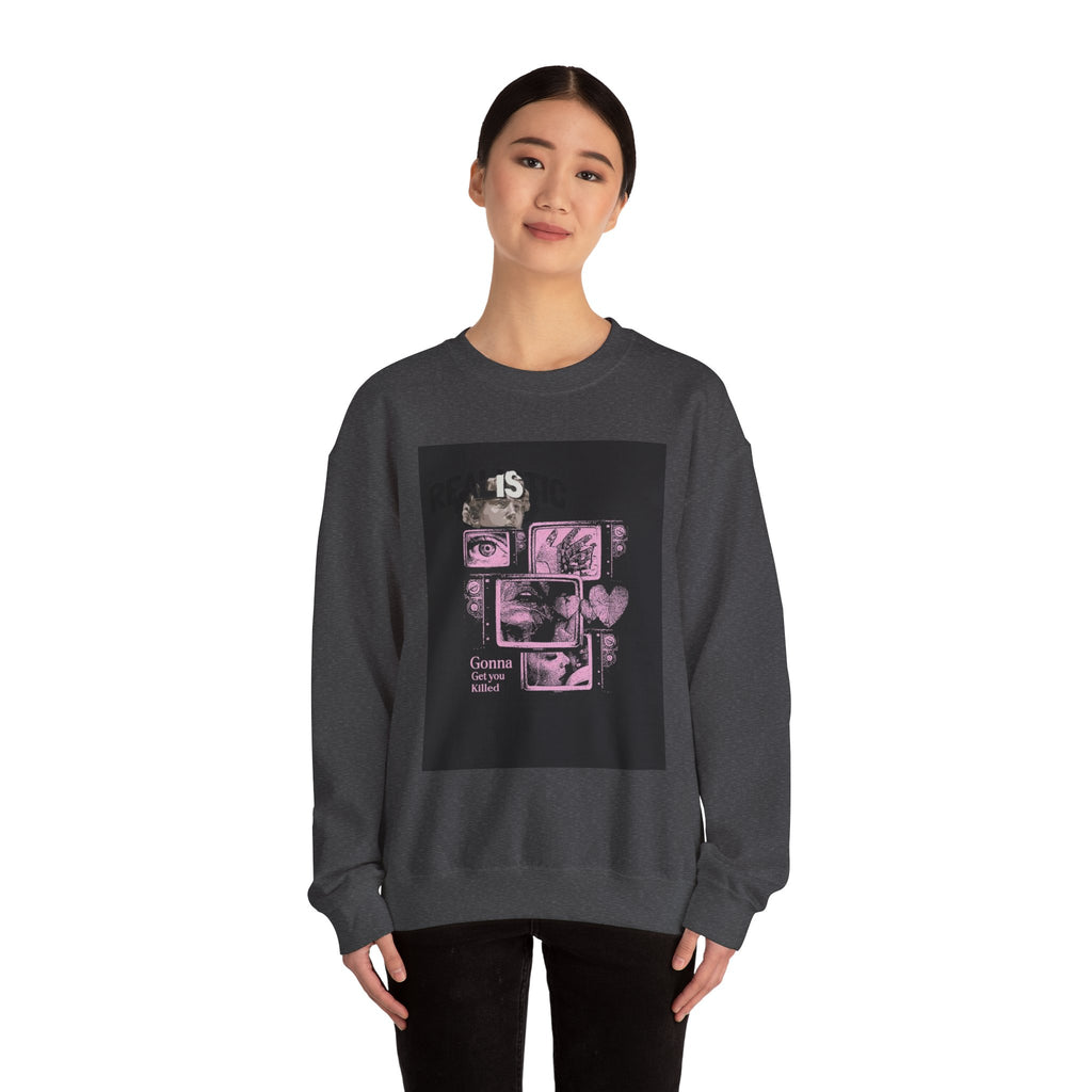 Crewneck Sweatshirt — Pink Collage Eyes Graphic “Gonna Get You, Kiddo”