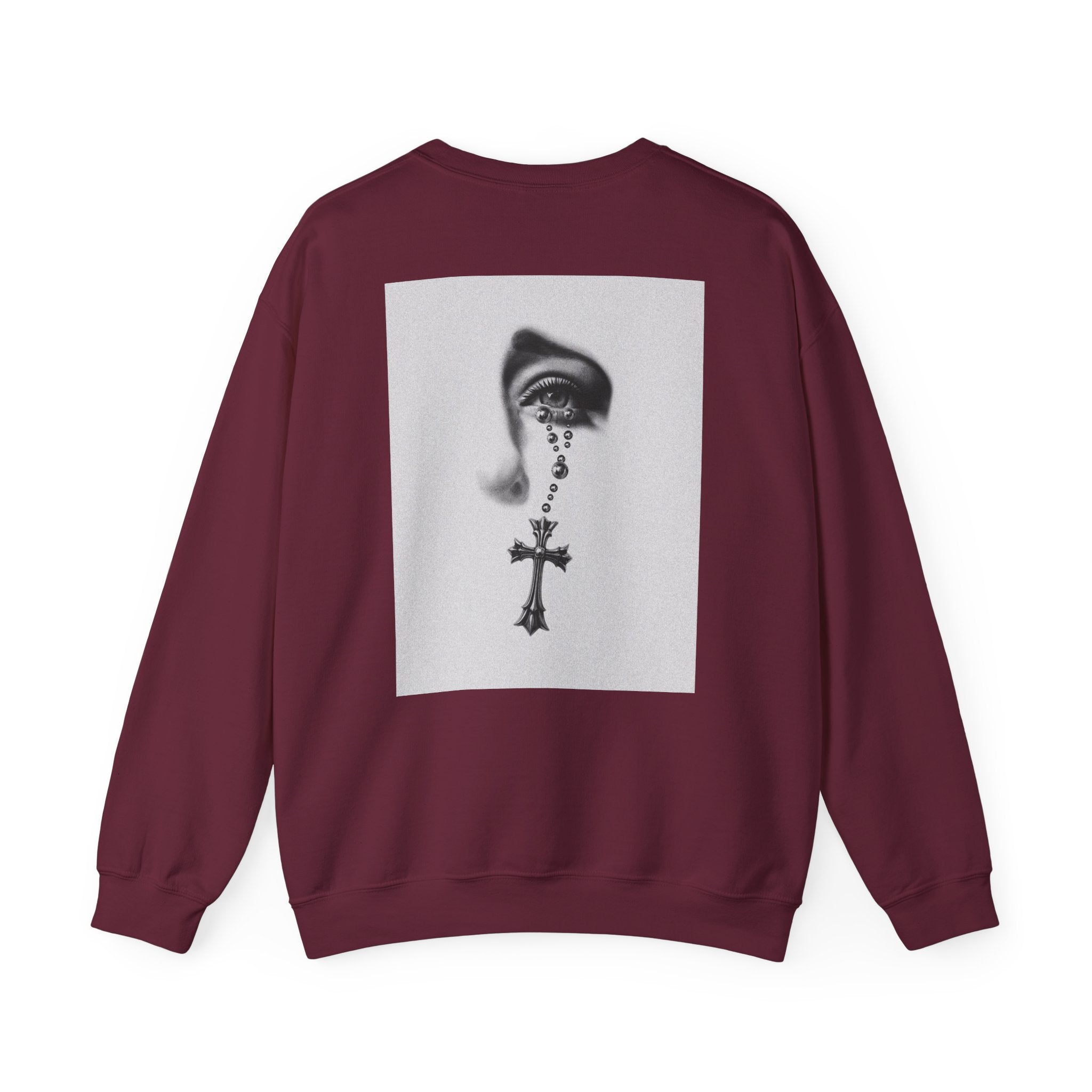 Rosary Tear Crewneck Sweatshirt — Gothic Eye & Cross Graphic