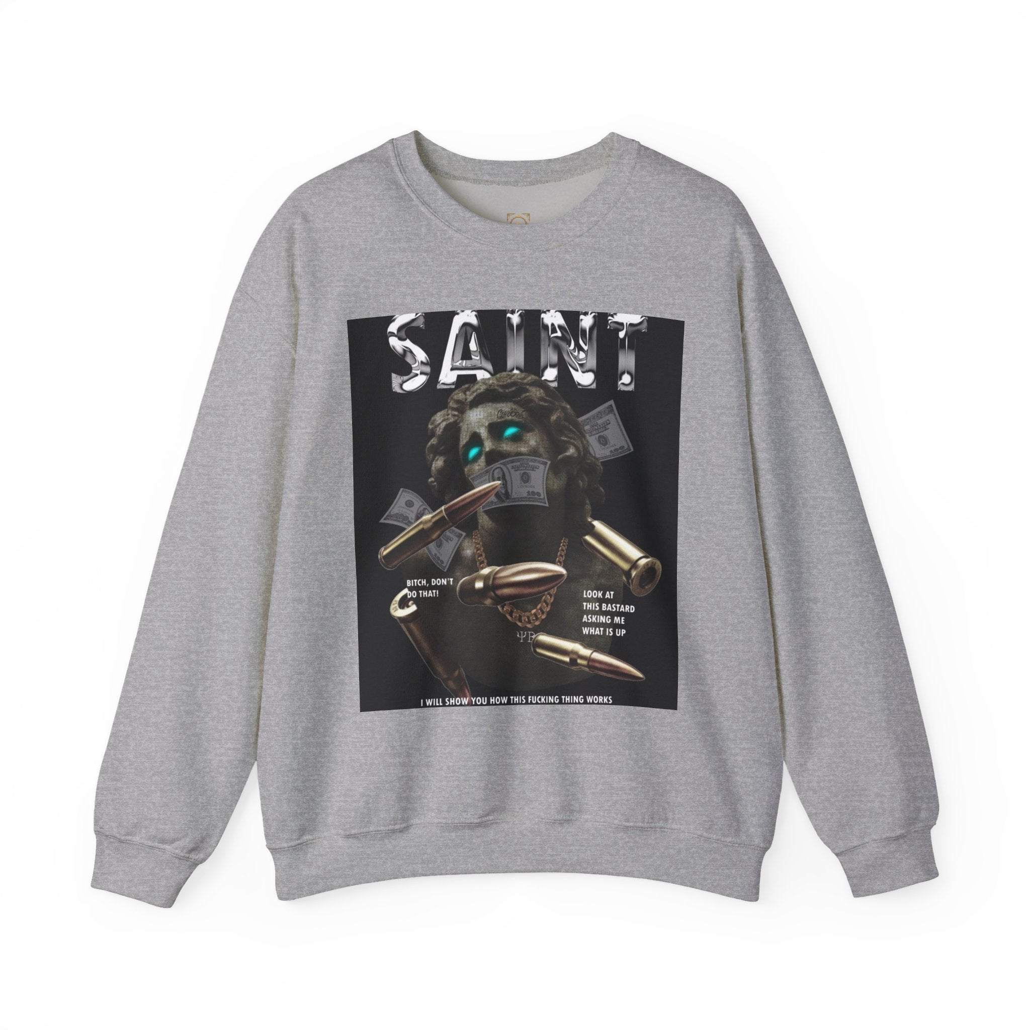 Saint Graphic Crewneck Sweatshirt — Dark Art Money Montage