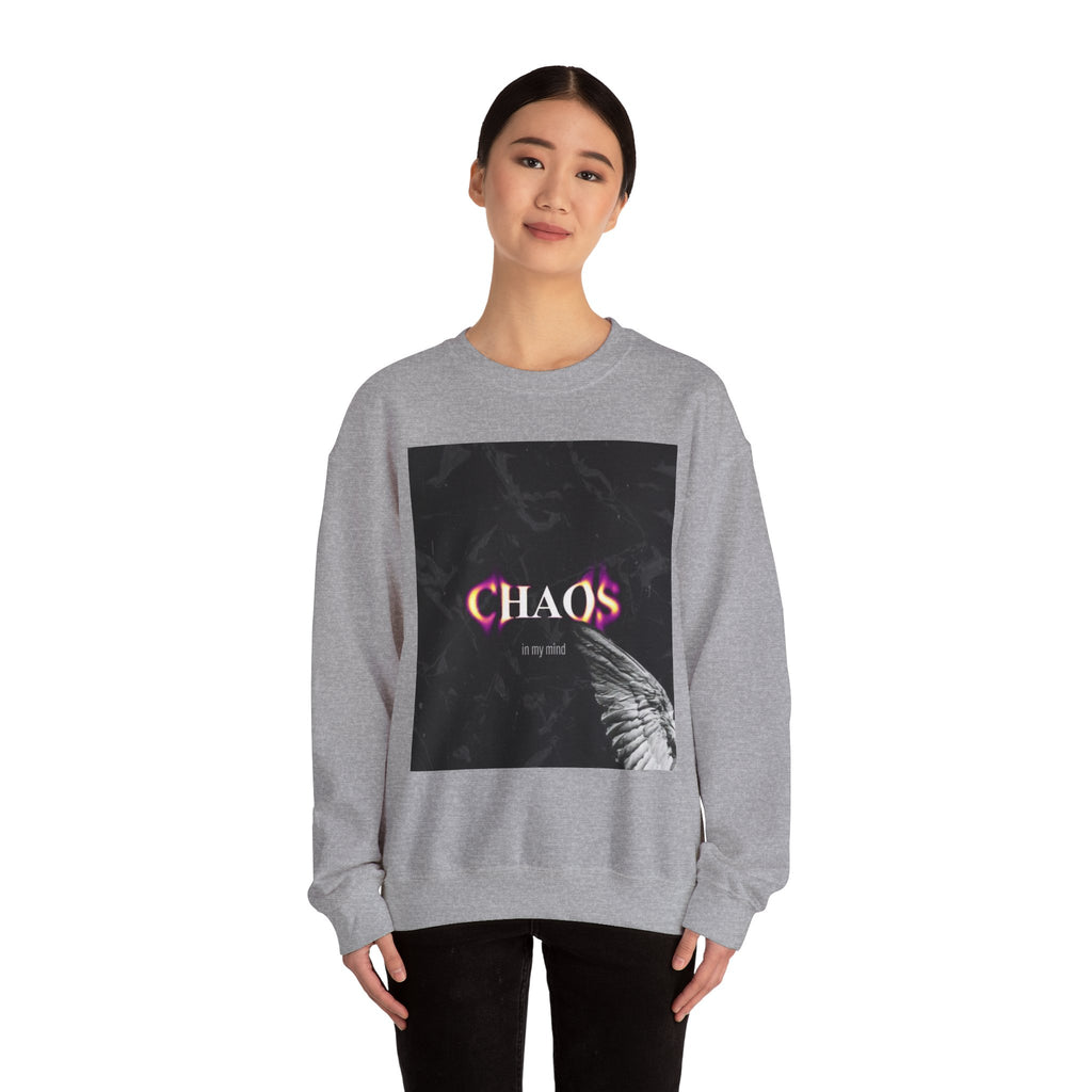 Chaos Graphic Crewneck Sweatshirt — "CHAOS in my mind" Gothic Wing Design