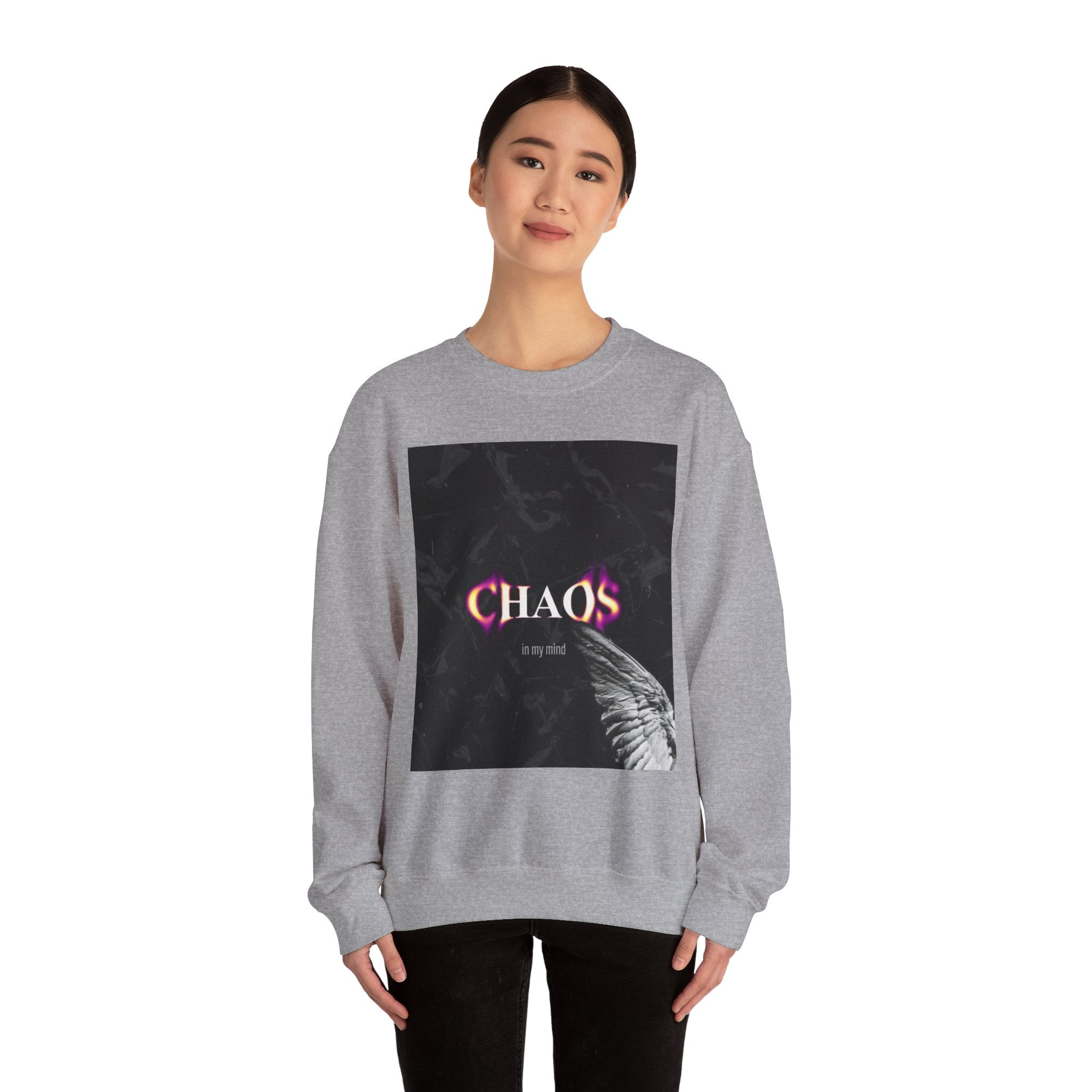Chaos Graphic Crewneck Sweatshirt — "CHAOS in my mind" Gothic Wing Design