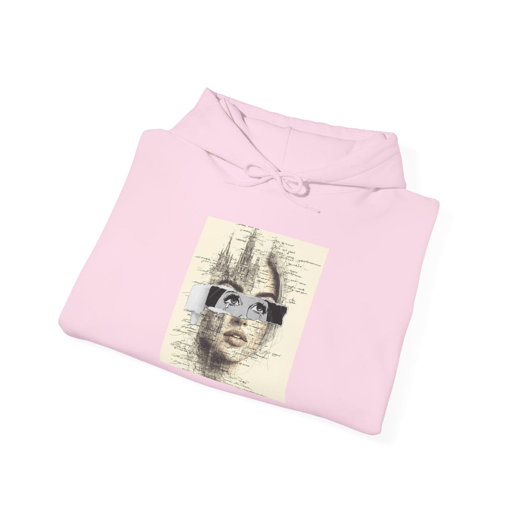 Artistic Face Collage Hoodie — Vintage Script Portrait Sweatshirt