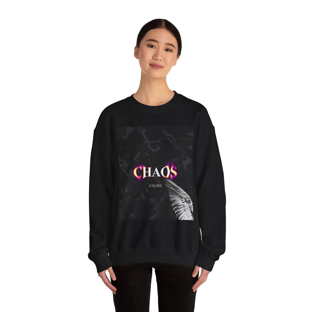 Chaos Graphic Crewneck Sweatshirt — "CHAOS in my mind" Gothic Wing Design