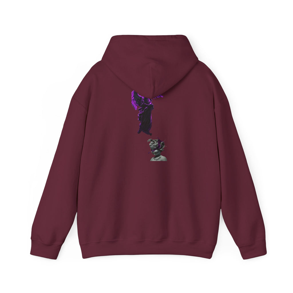 Angel Statue Hoodie — Gothic Purple Accent Sculptural Graphic Hoodie