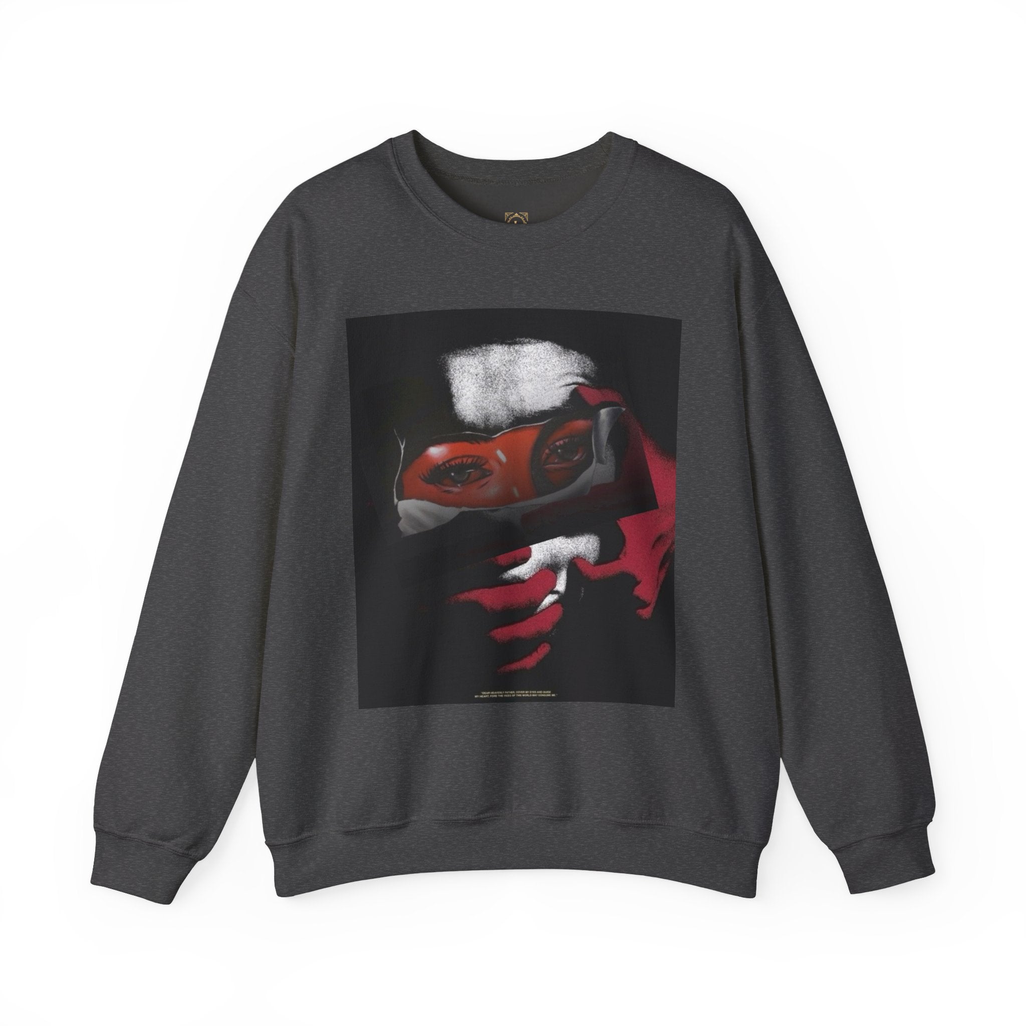Masked Red Eyes Crewneck Sweatshirt — Graphic Streetwear with 'Legaciess' Back Logo