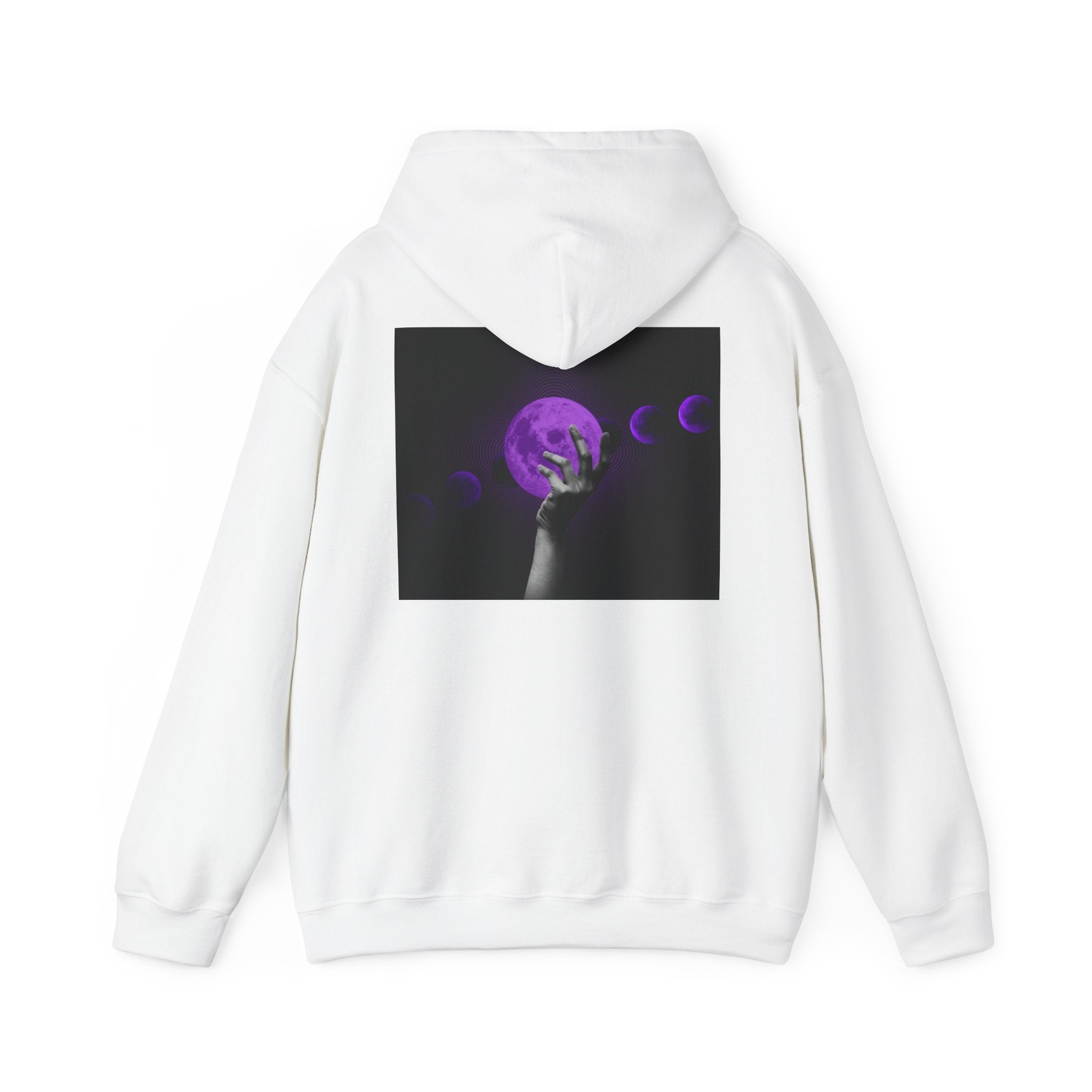 Moon Phases Hoodie — Purple Lunar Hand Graphic Pullover