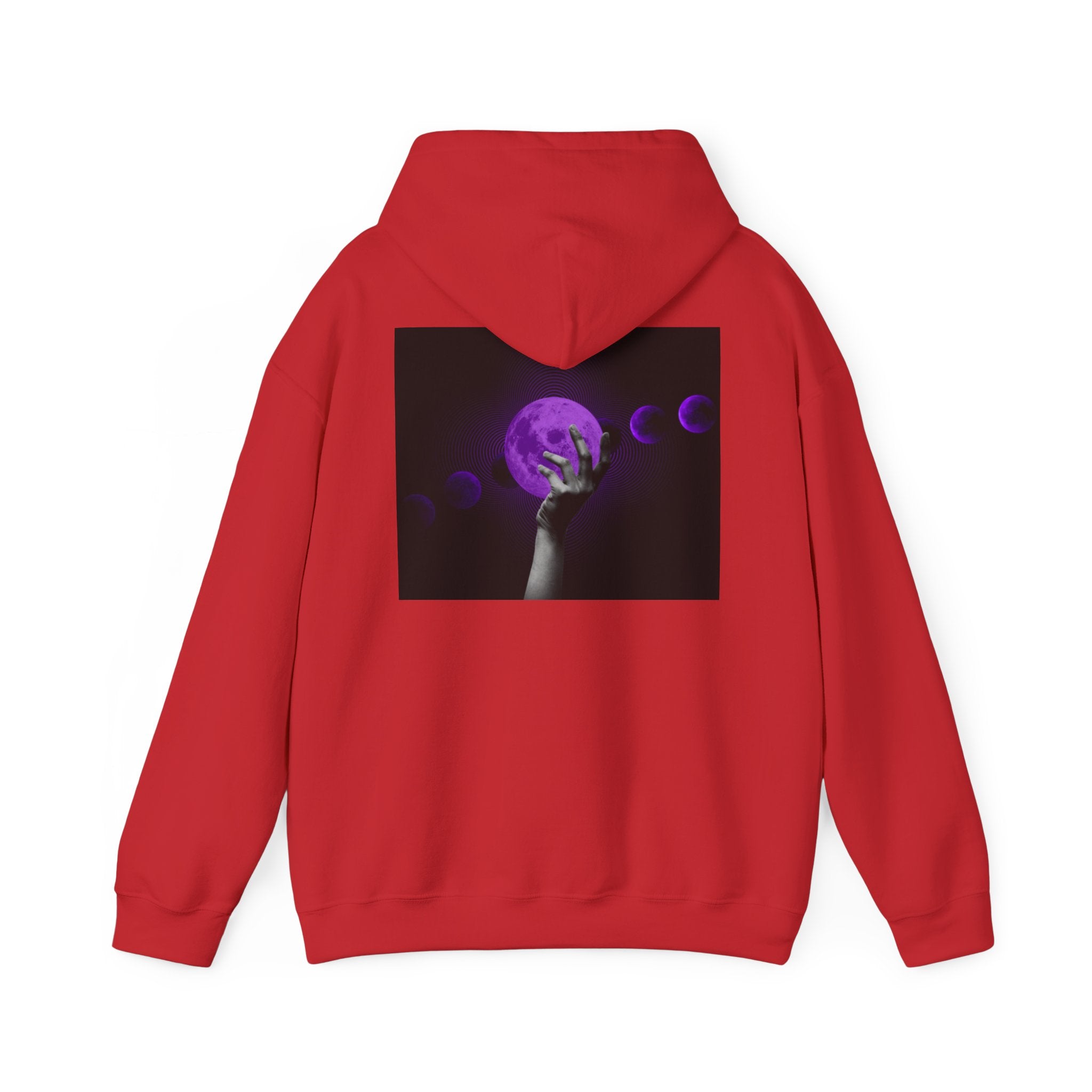Moon Phases Hoodie — Purple Lunar Hand Graphic Pullover