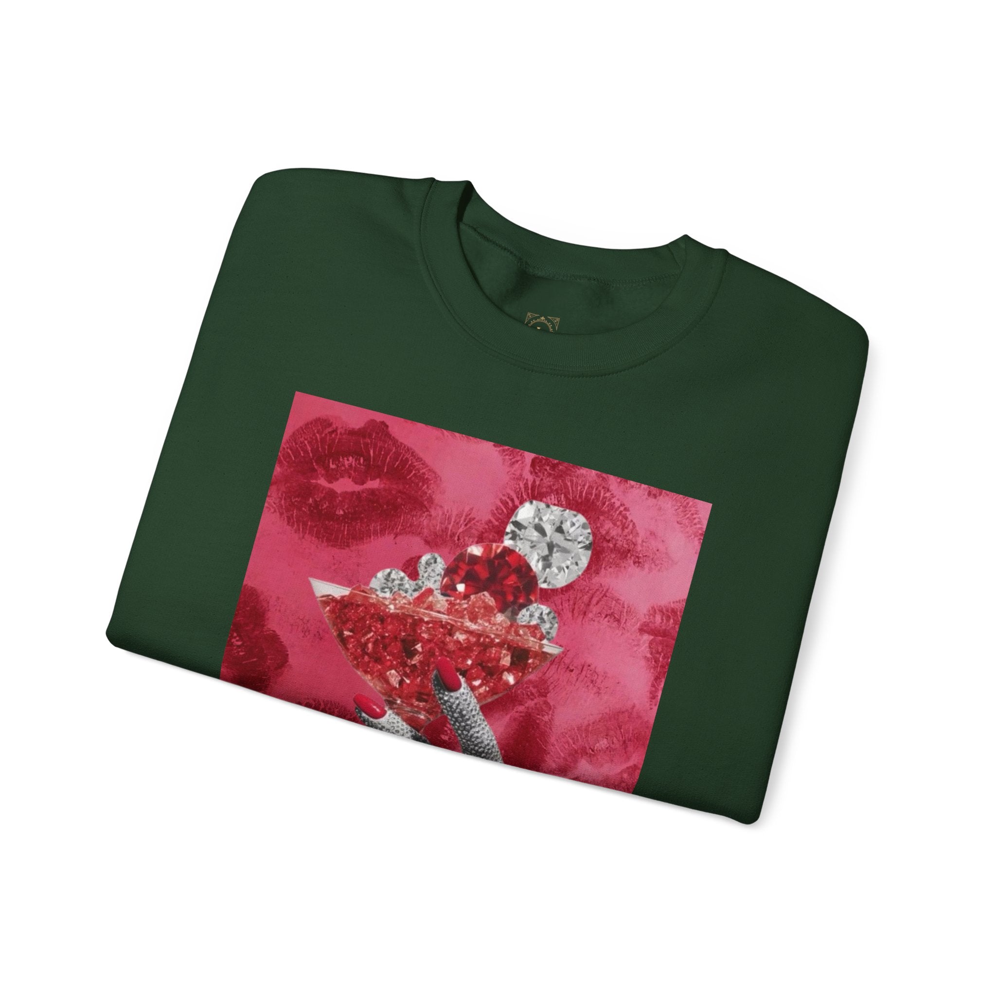Crewneck Sweatshirt — Glamorous Red Cocktail Collage (Hand Holding Glass, Lip Print)