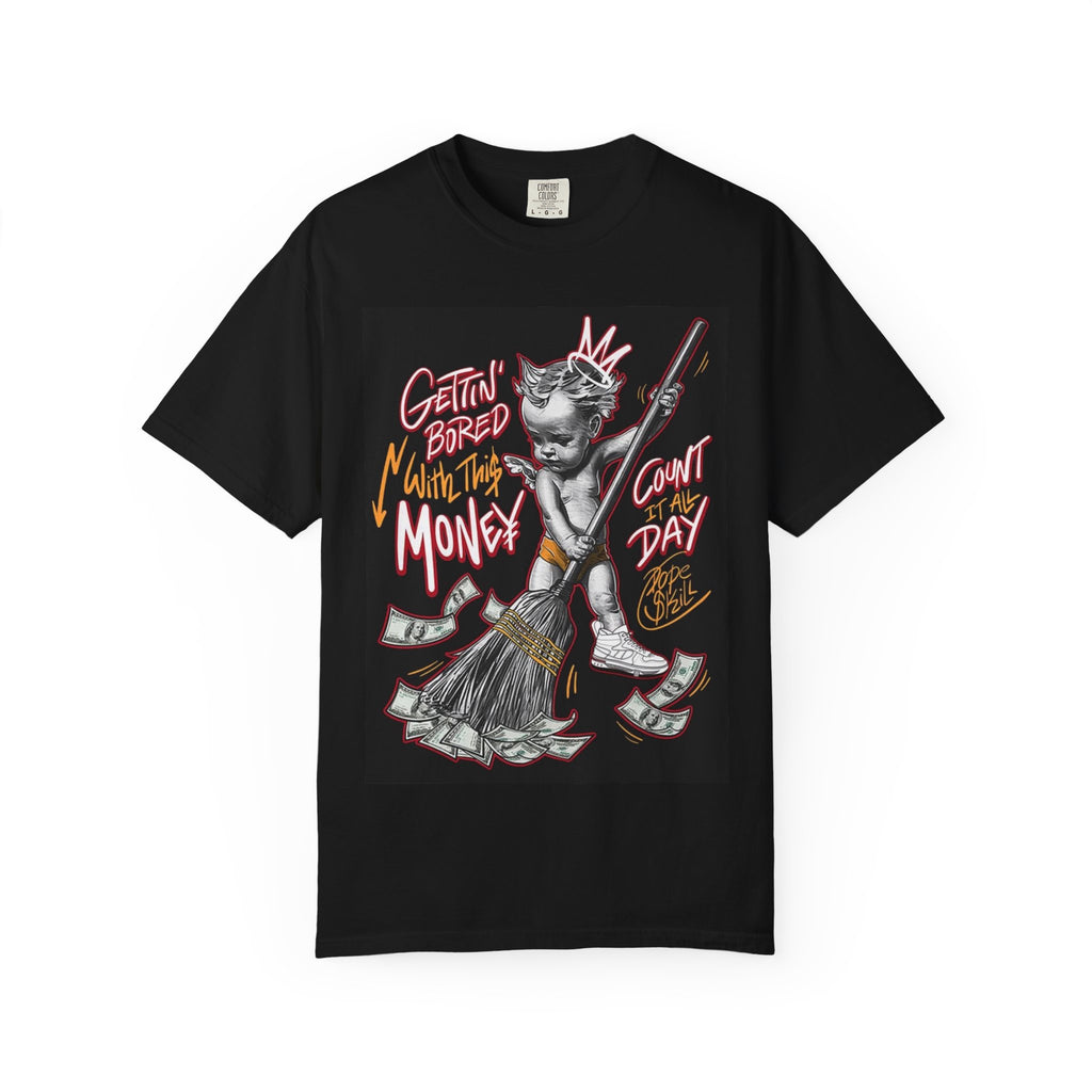 Cat Broomstick Money Tee — "Gettin' Bored With This Money" Graphic T-Shirt