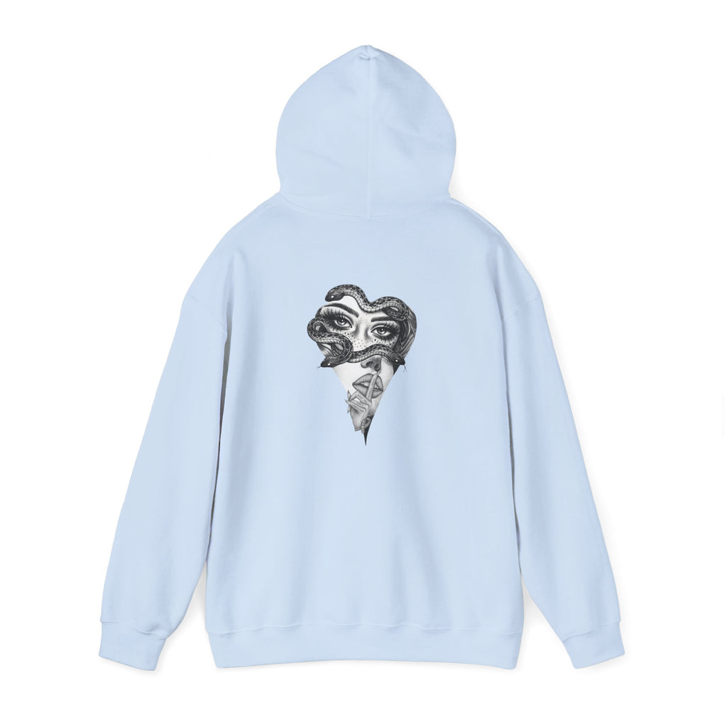 Abstract Heart Mask Hoodie — Surreal Black & White Graphic Pullover