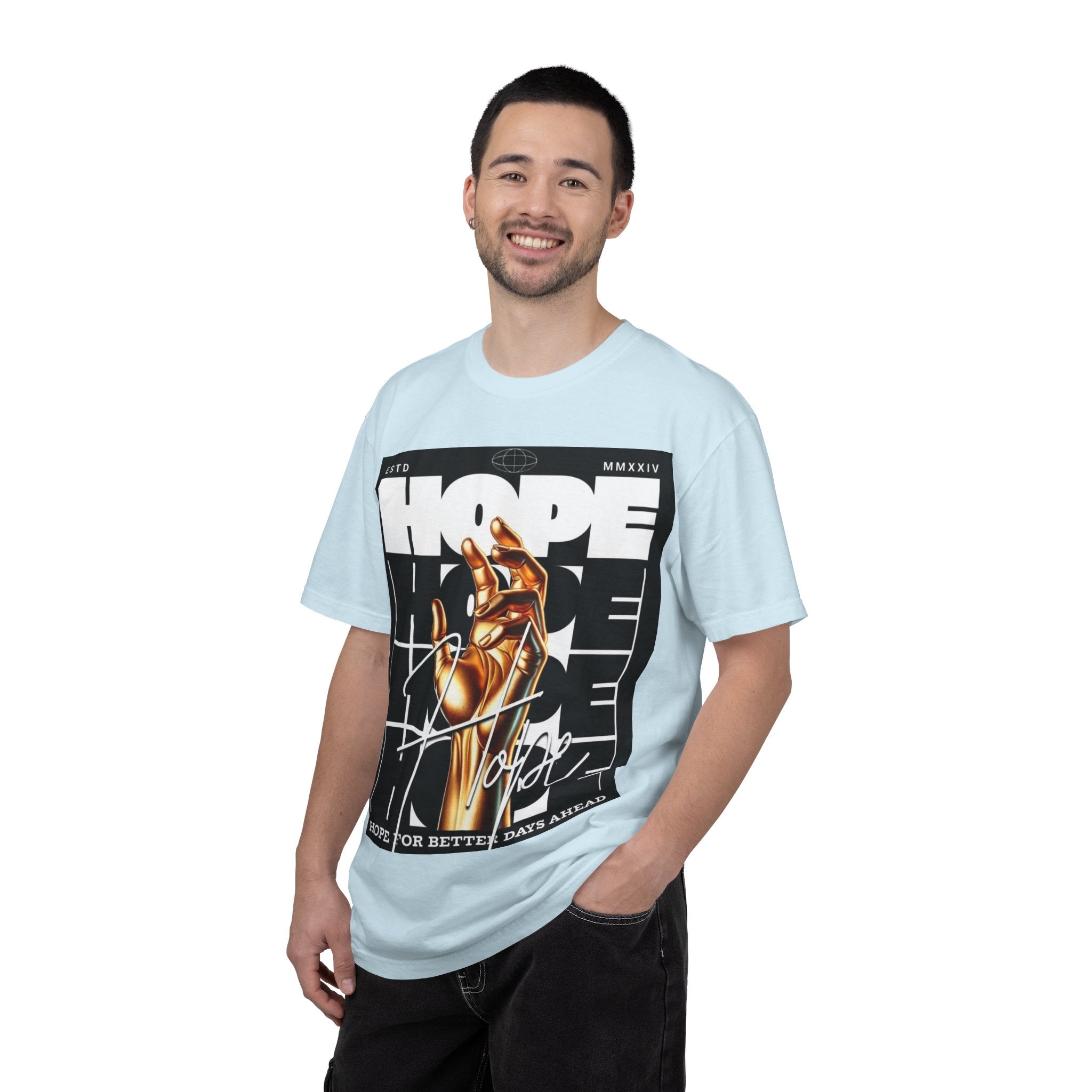 Hope Vibe Graphic T-Shirt — 'Hope for Better Days Ahead' Chest Print with Gold Hand & Back 'Legaciess' Logo