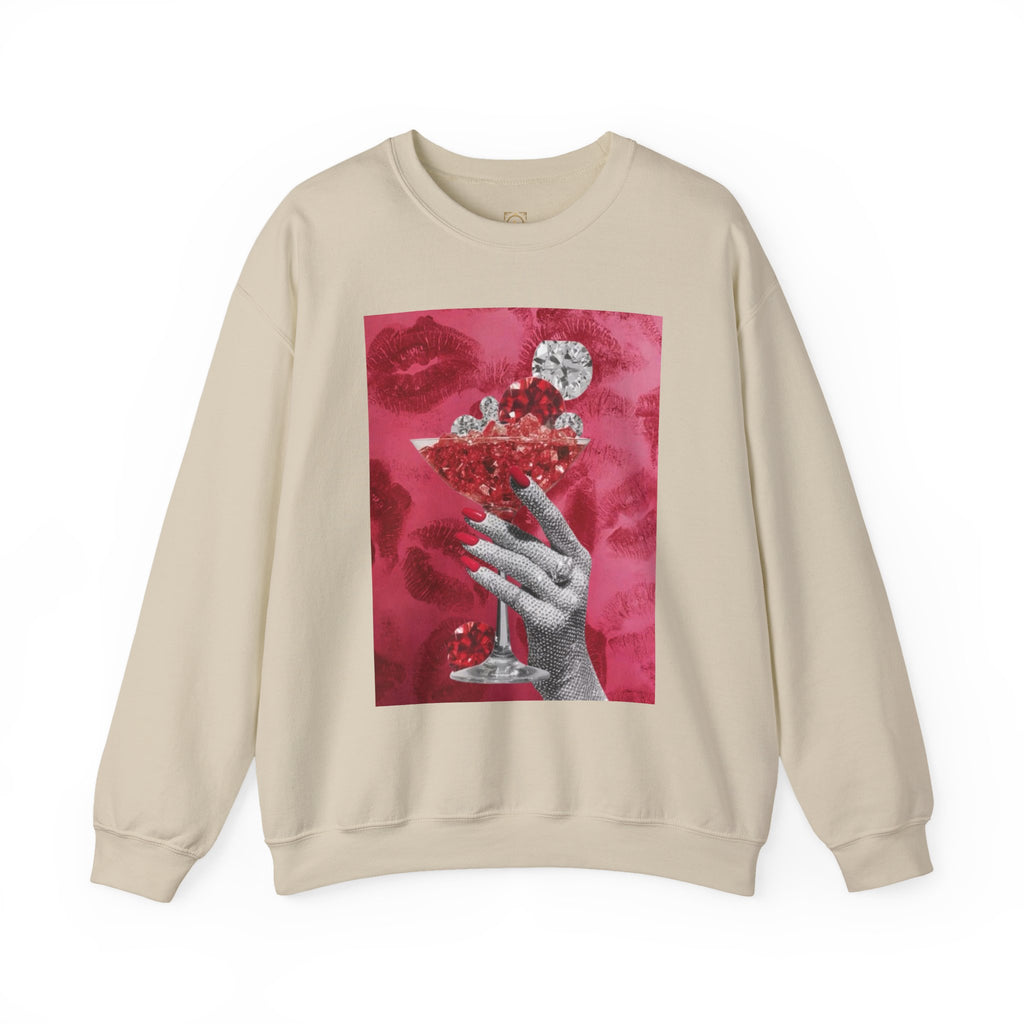 Crewneck Sweatshirt — Glamorous Red Cocktail Collage (Hand Holding Glass, Lip Print)