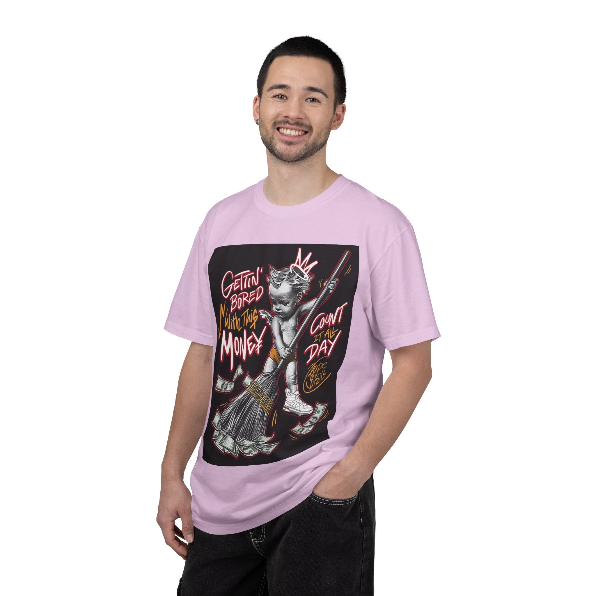 Cat Broomstick Money Tee — "Gettin' Bored With This Money" Graphic T-Shirt