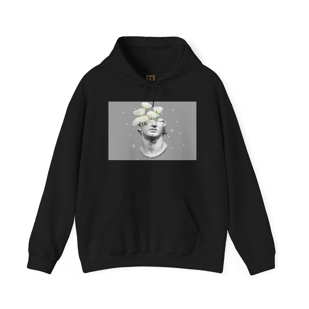 Statue Bloom Hoodie — Classical Bust with White Flowers Graphic Hoodie