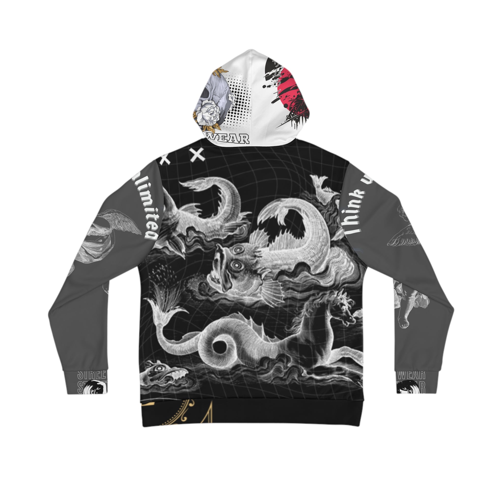 Graphic Streetwear Hoodie — Abstract Collage & Mythic Sea Creatures AOP