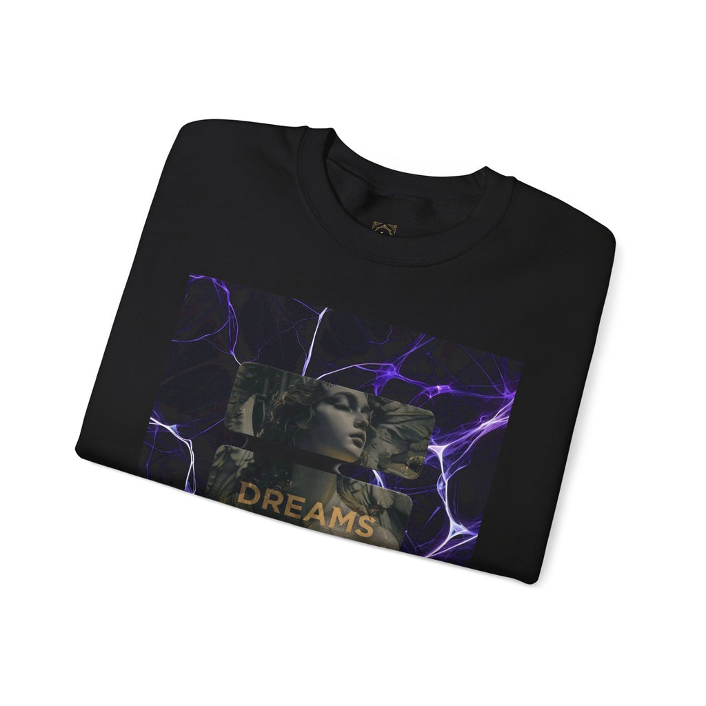 Dreams Statue Crewneck Sweatshirt — Retro Statue Graphic with Purple Lightning