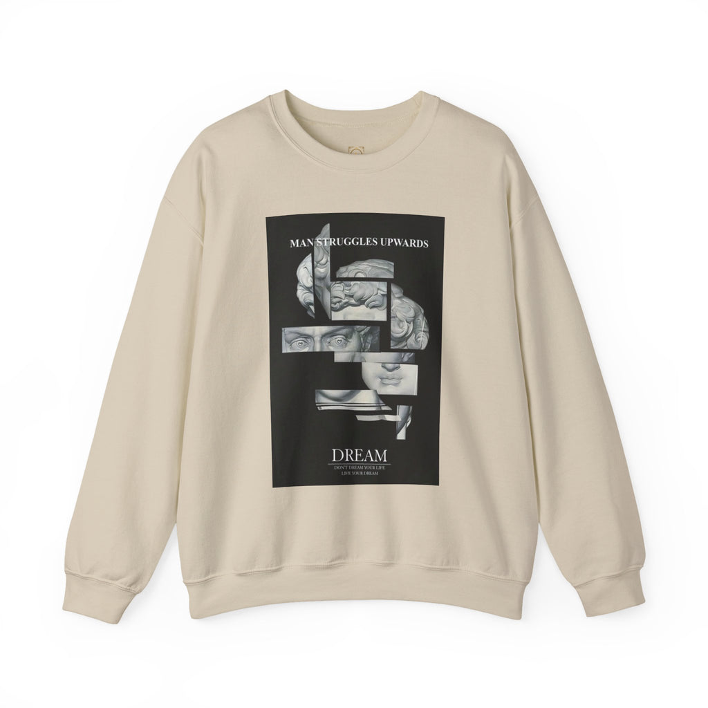 Dream Fragment Crewneck Sweatshirt — 'Man Struggles Upwards' Statue Collage