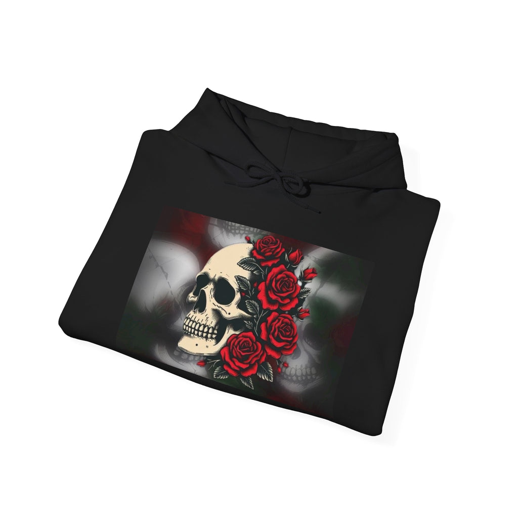 Skull with Red Roses Hoodie — Gothic Floral Skull Sweatshirt