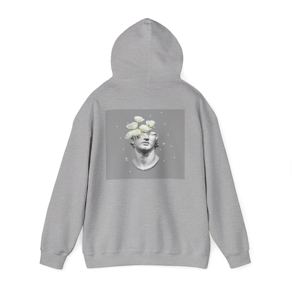 Statue Bloom Hoodie — Classical Bust with White Flowers Graphic Hoodie
