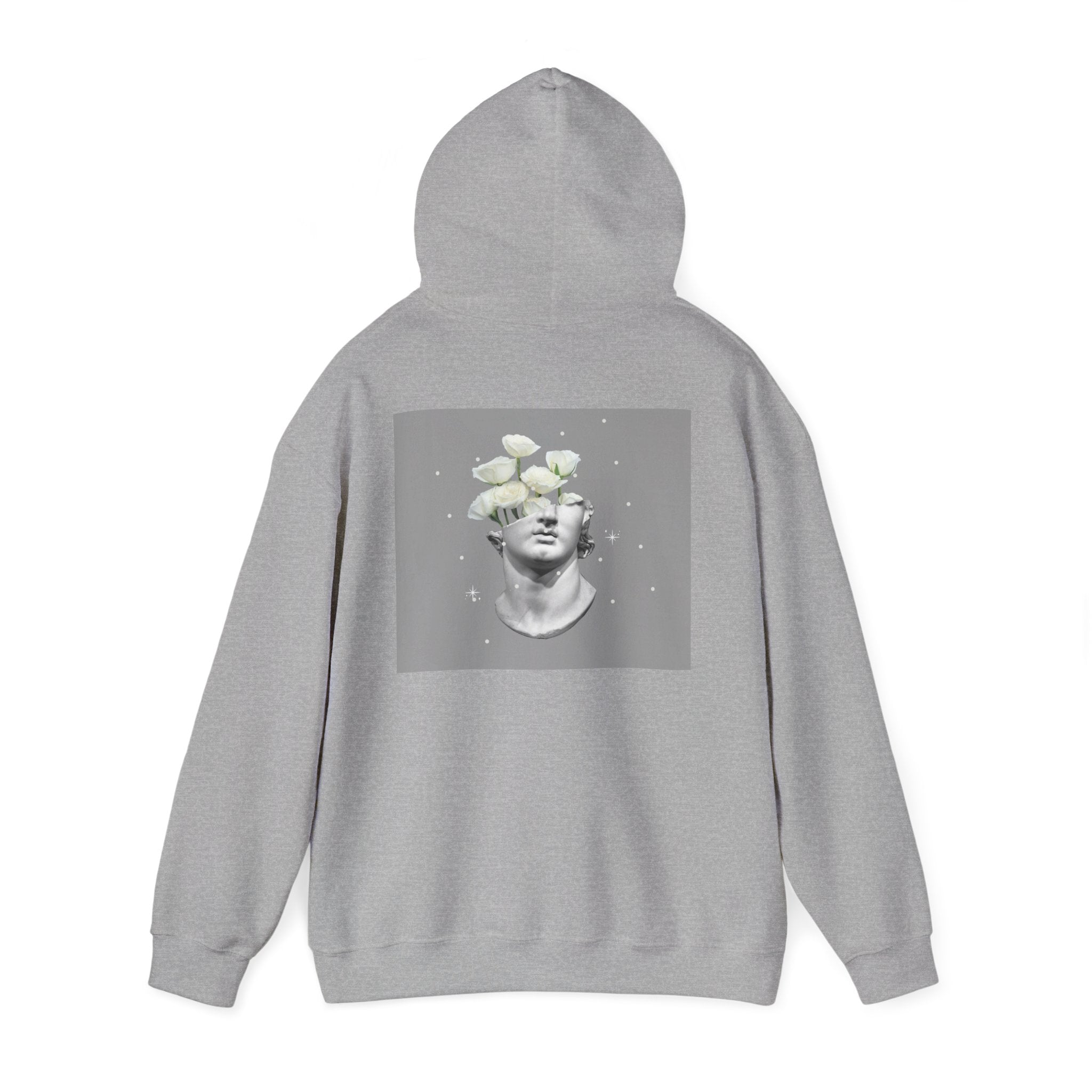 Statue Bloom Hoodie — Classical Bust with White Flowers Graphic Hoodie