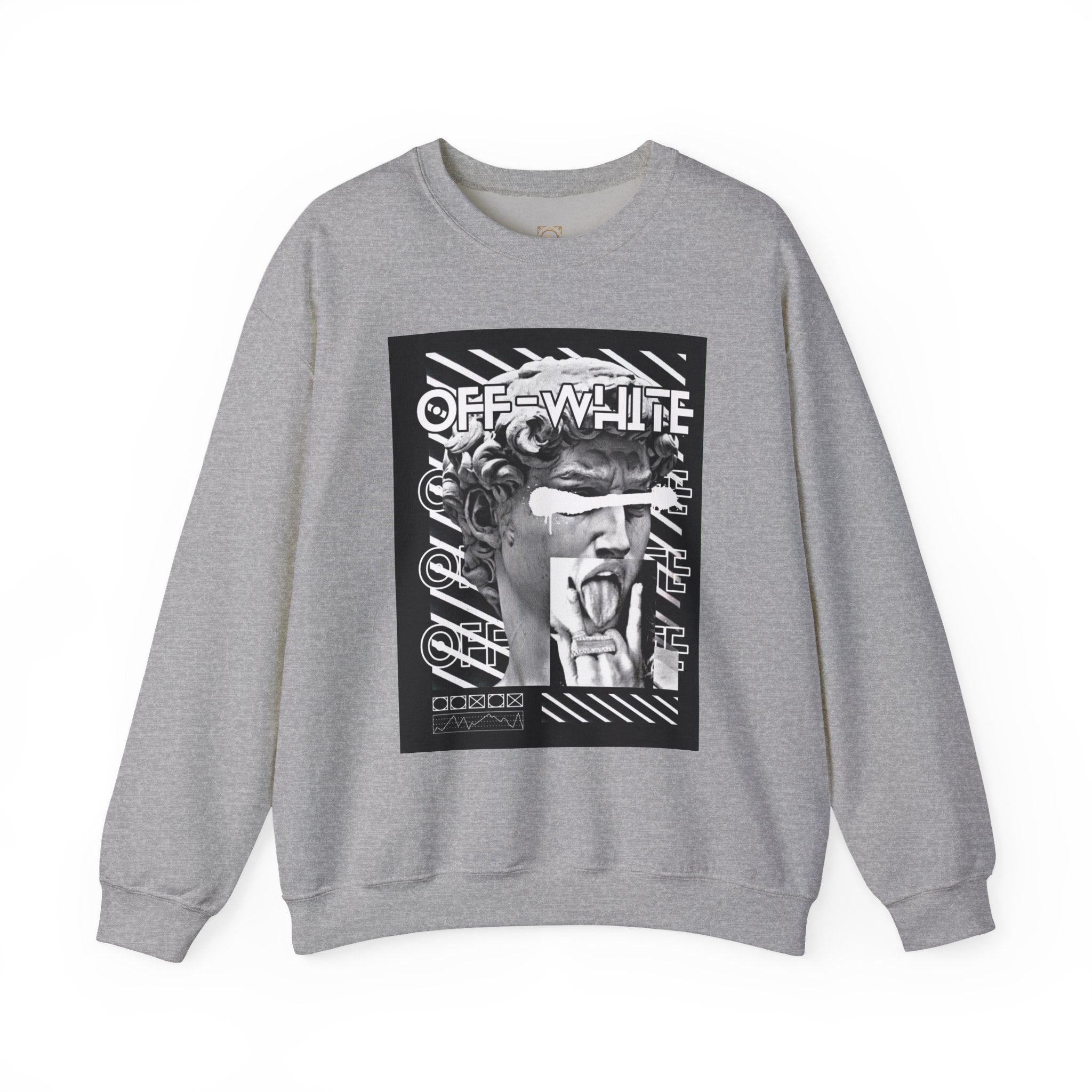Statue Graphic Crewneck Sweatshirt — 'OFF-WHITE' Monochrome Streetwear Pullover