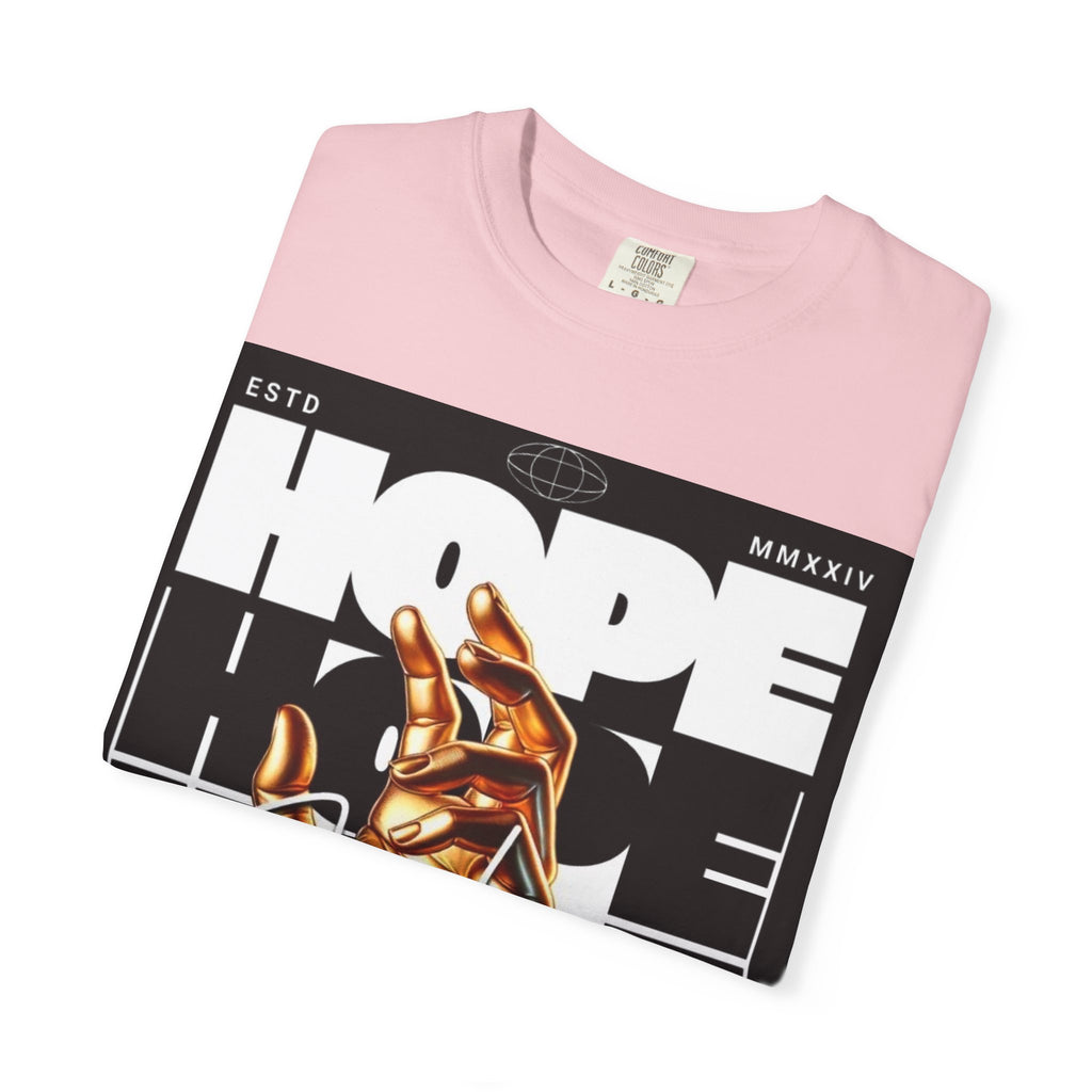 Hope Vibe Graphic T-Shirt — 'Hope for Better Days Ahead' Chest Print with Gold Hand & Back 'Legaciess' Logo