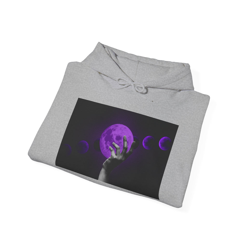 Moon Phases Hoodie — Purple Lunar Hand Graphic Pullover