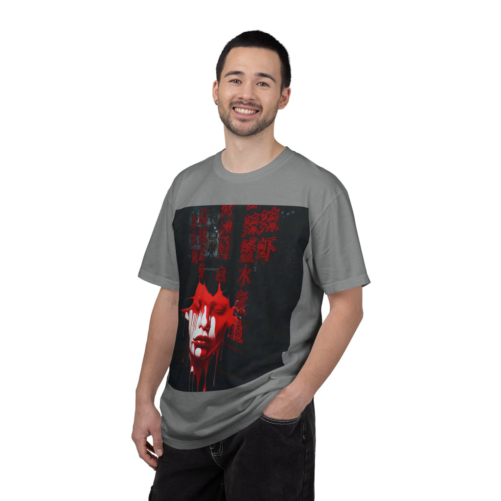 Horror Portrait Tee — Dripping Red Face with Japanese Script Graphic