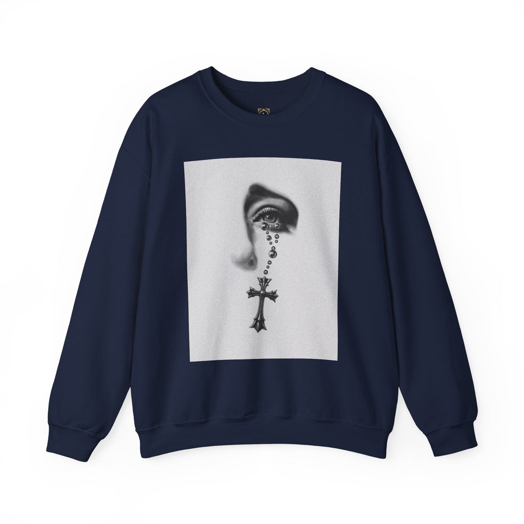 Rosary Tear Crewneck Sweatshirt — Gothic Eye & Cross Graphic