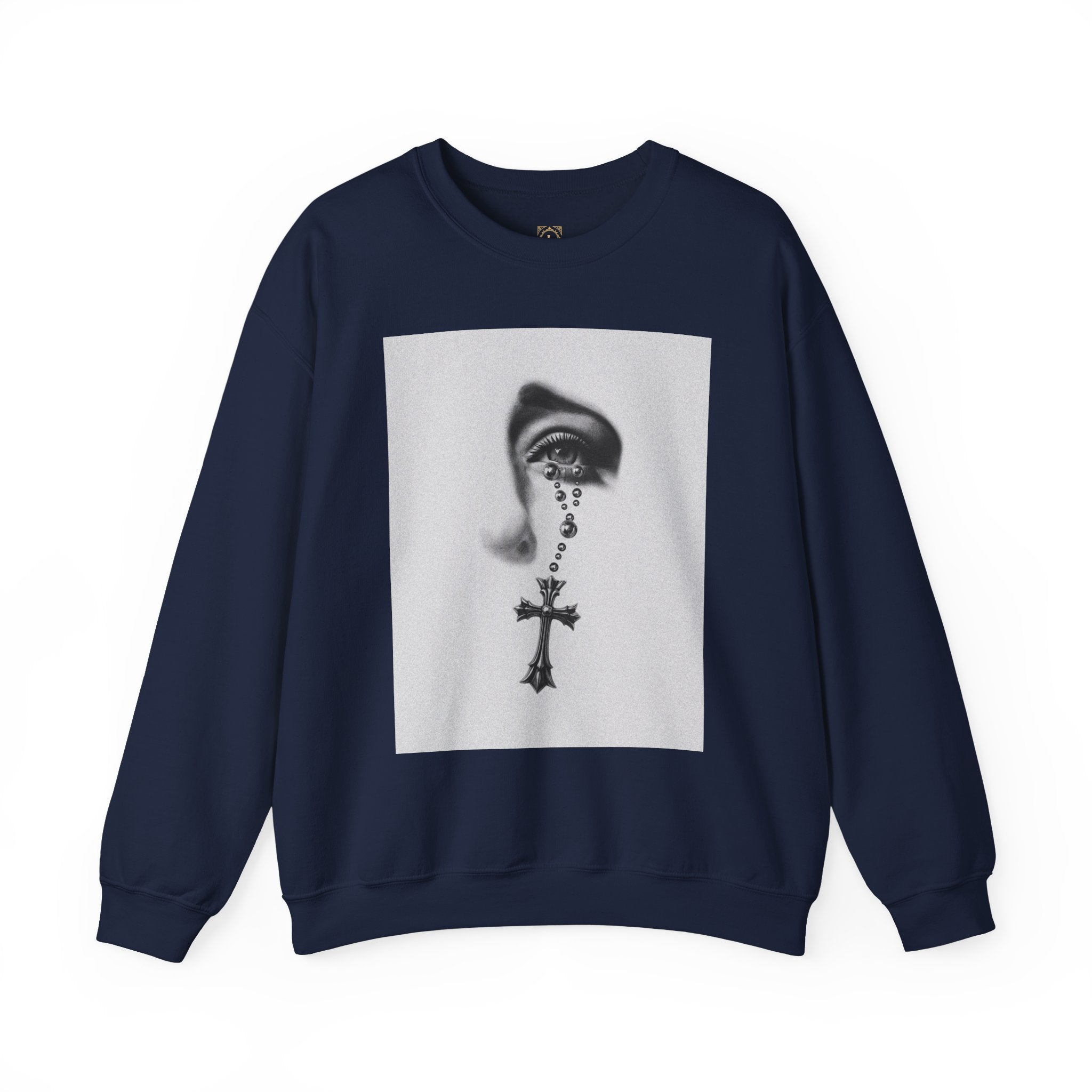 Rosary Tear Crewneck Sweatshirt — Gothic Eye & Cross Graphic