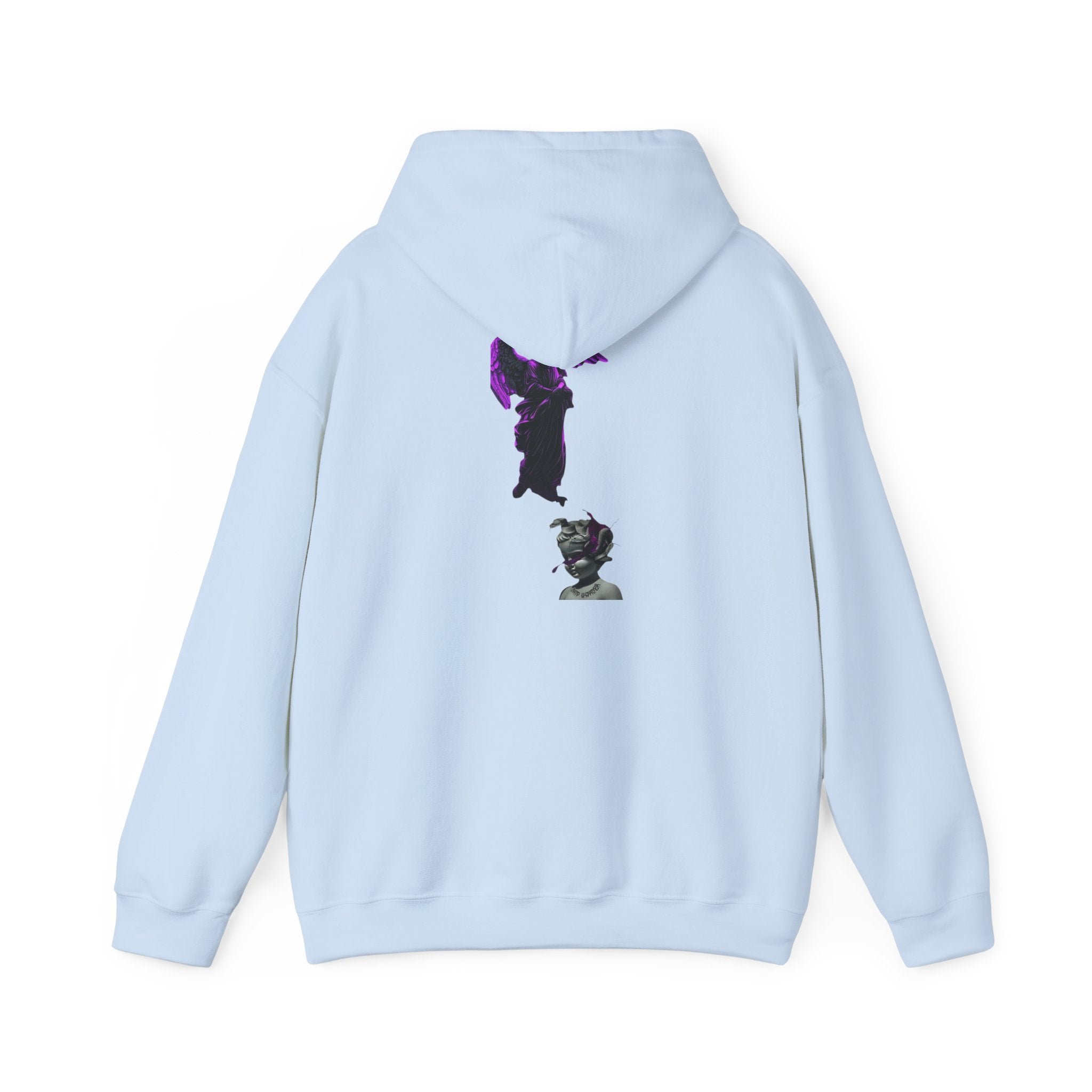 Angel Statue Hoodie — Gothic Purple Accent Sculptural Graphic Hoodie