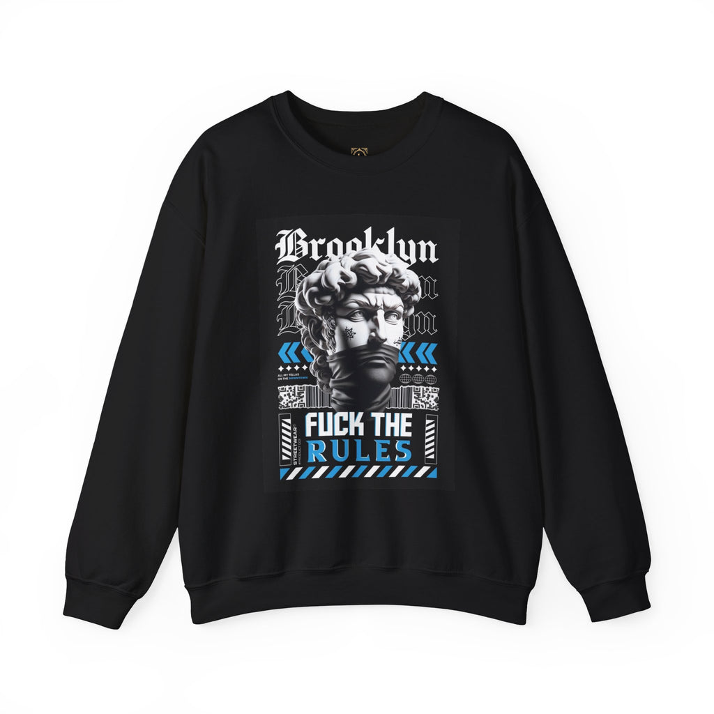 Crewneck Sweatshirt — 'Brooklyn' Statue Graphic with “Fuck the Rules” Streetwear Slogan