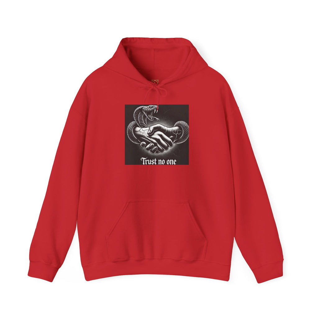 Trust No One Hoodie — Snake Handshake Graphic Hoodie