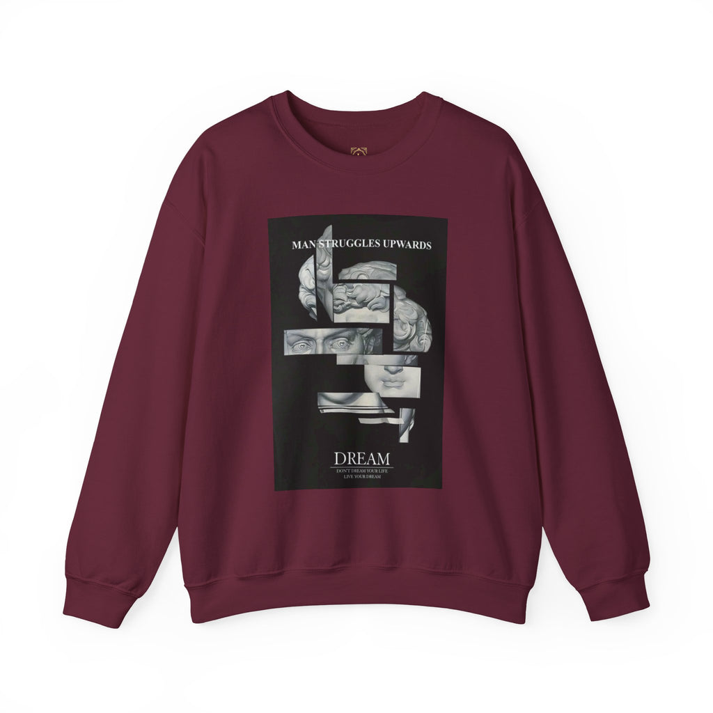 Dream Fragment Crewneck Sweatshirt — 'Man Struggles Upwards' Statue Collage