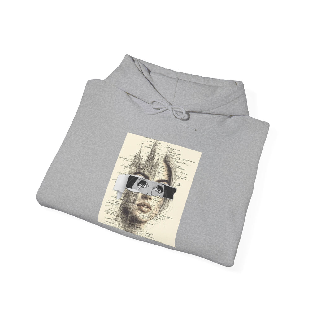 Artistic Face Collage Hoodie — Vintage Script Portrait Sweatshirt