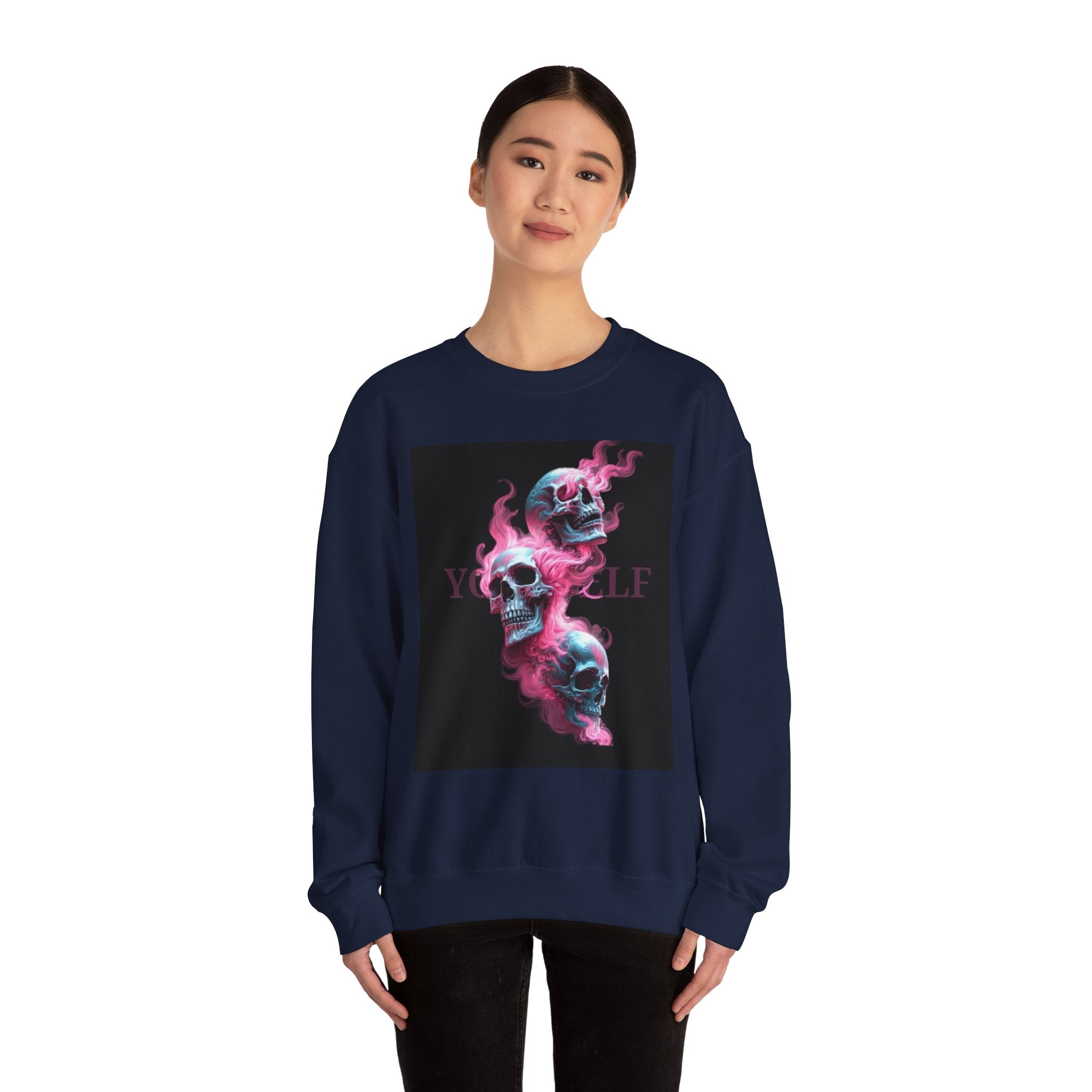 Skull Smoke Crewneck Sweatshirt — Neon Pink & Blue Gothic Graphic
