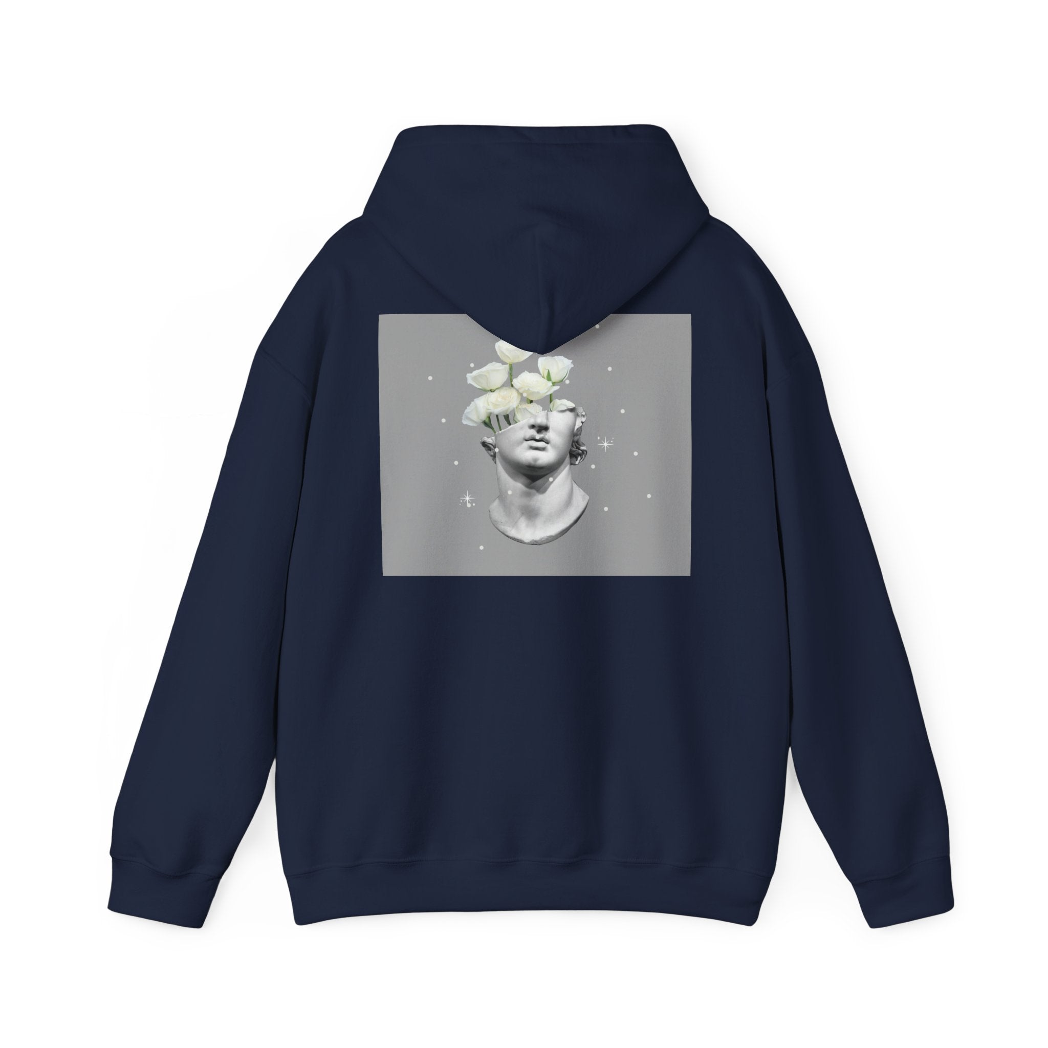 Statue Bloom Hoodie — Classical Bust with White Flowers Graphic Hoodie