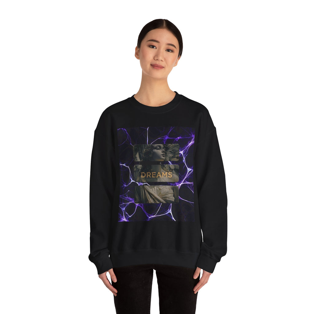 Dreams Statue Crewneck Sweatshirt — Retro Statue Graphic with Purple Lightning