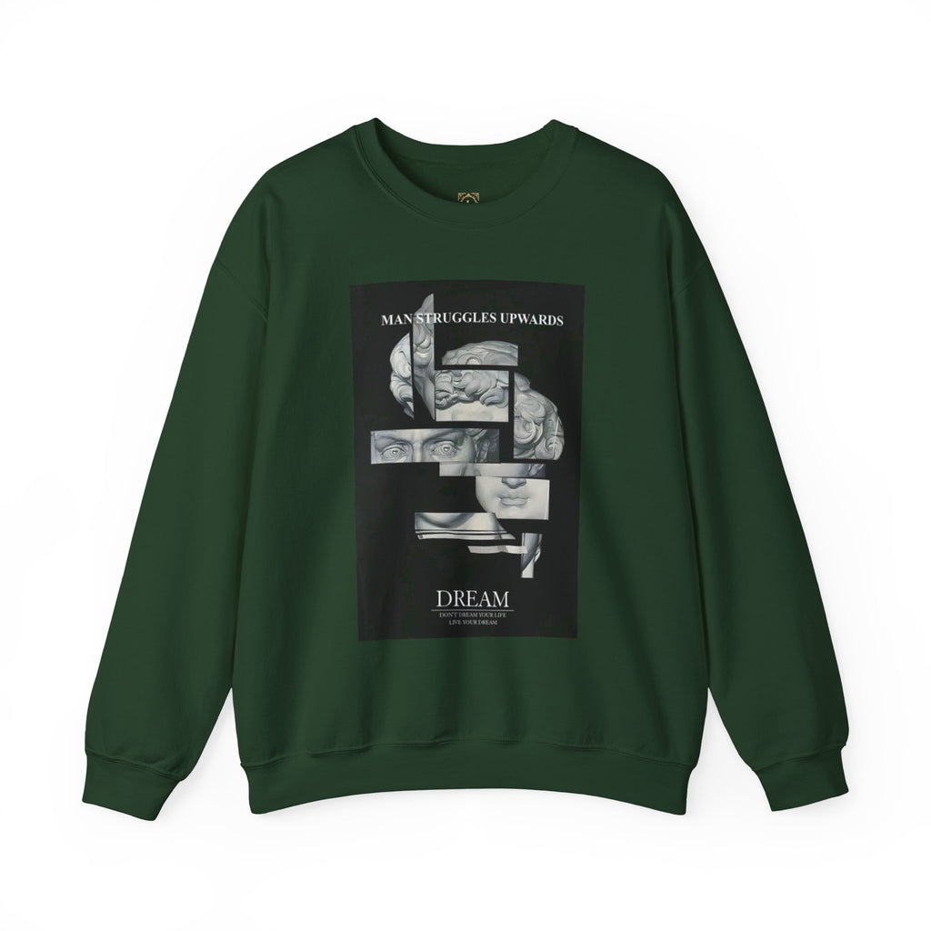 Dream Fragment Crewneck Sweatshirt — 'Man Struggles Upwards' Statue Collage