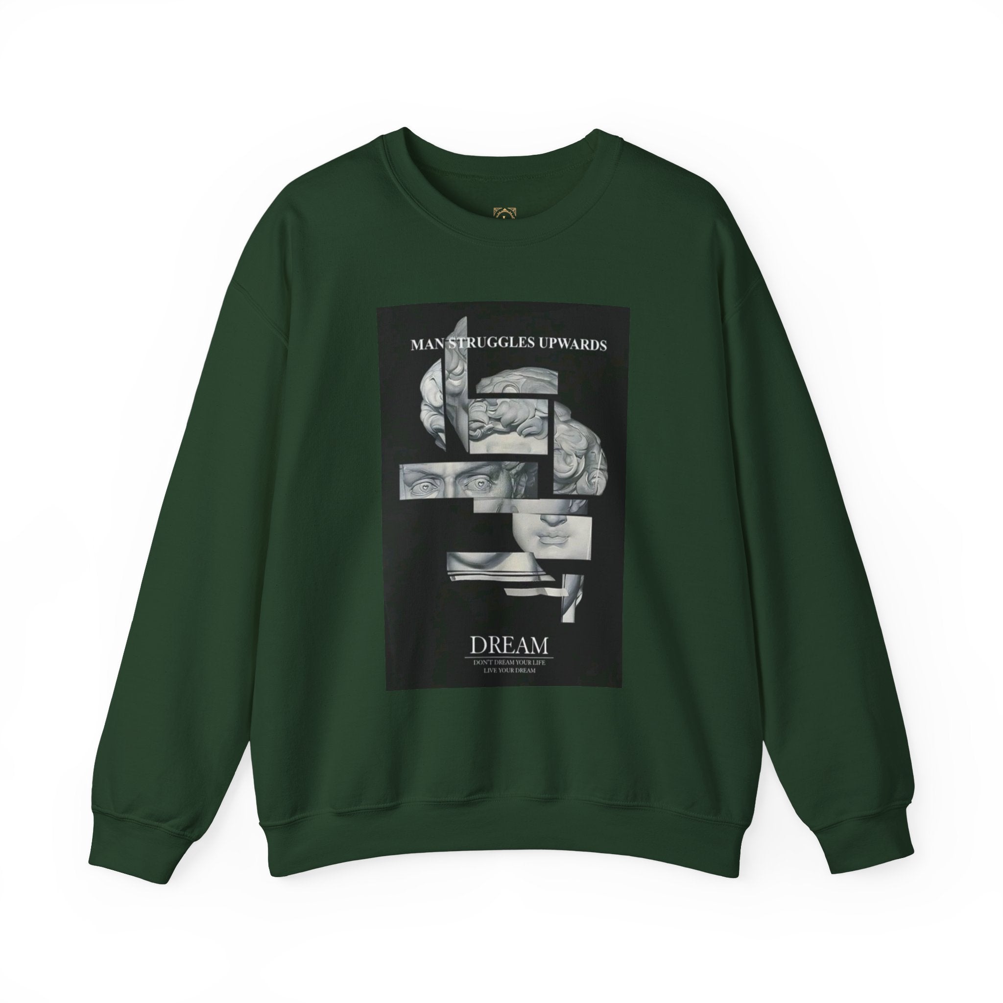 Dream Fragment Crewneck Sweatshirt — 'Man Struggles Upwards' Statue Collage