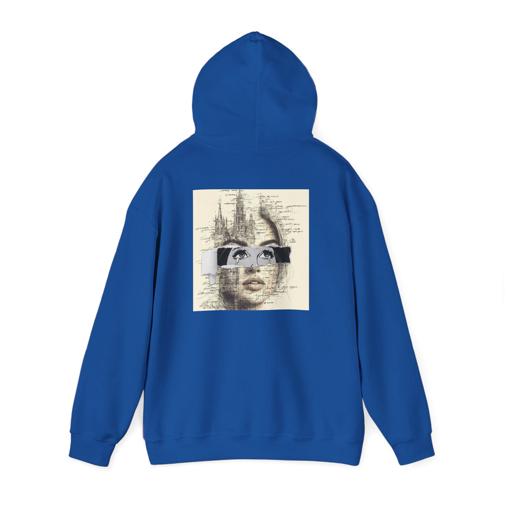 Artistic Face Collage Hoodie — Vintage Script Portrait Sweatshirt