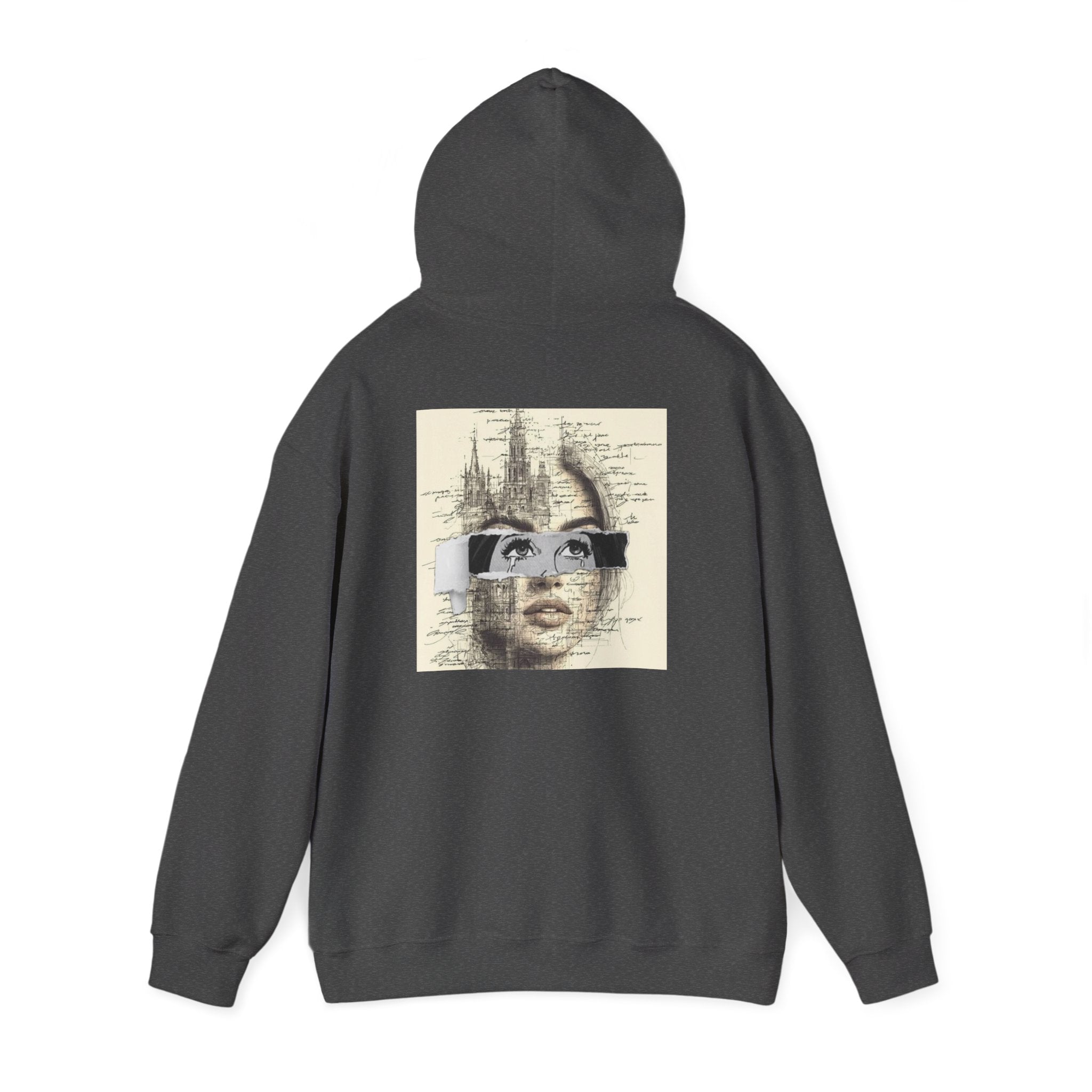 Artistic Face Collage Hoodie — Vintage Script Portrait Sweatshirt