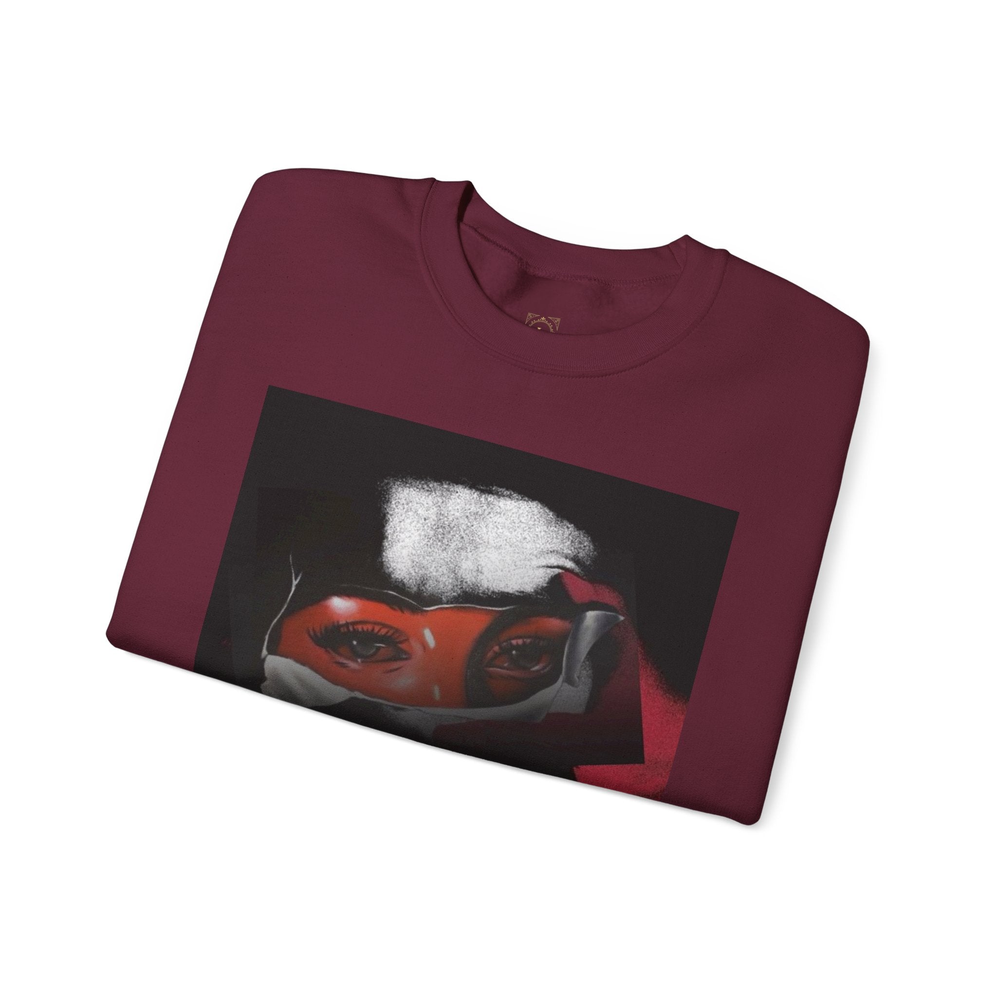 Masked Red Eyes Crewneck Sweatshirt — Graphic Streetwear with 'Legaciess' Back Logo