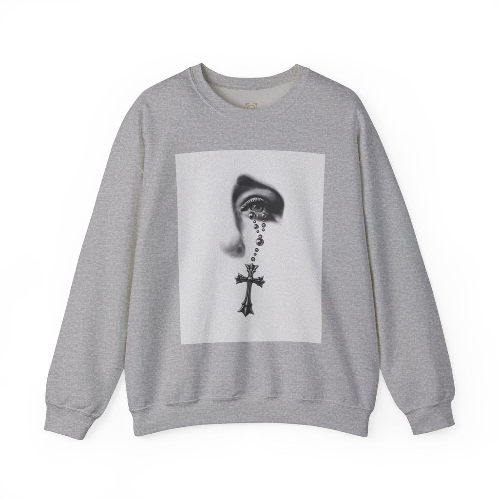 Rosary Tear Crewneck Sweatshirt — Gothic Eye & Cross Graphic