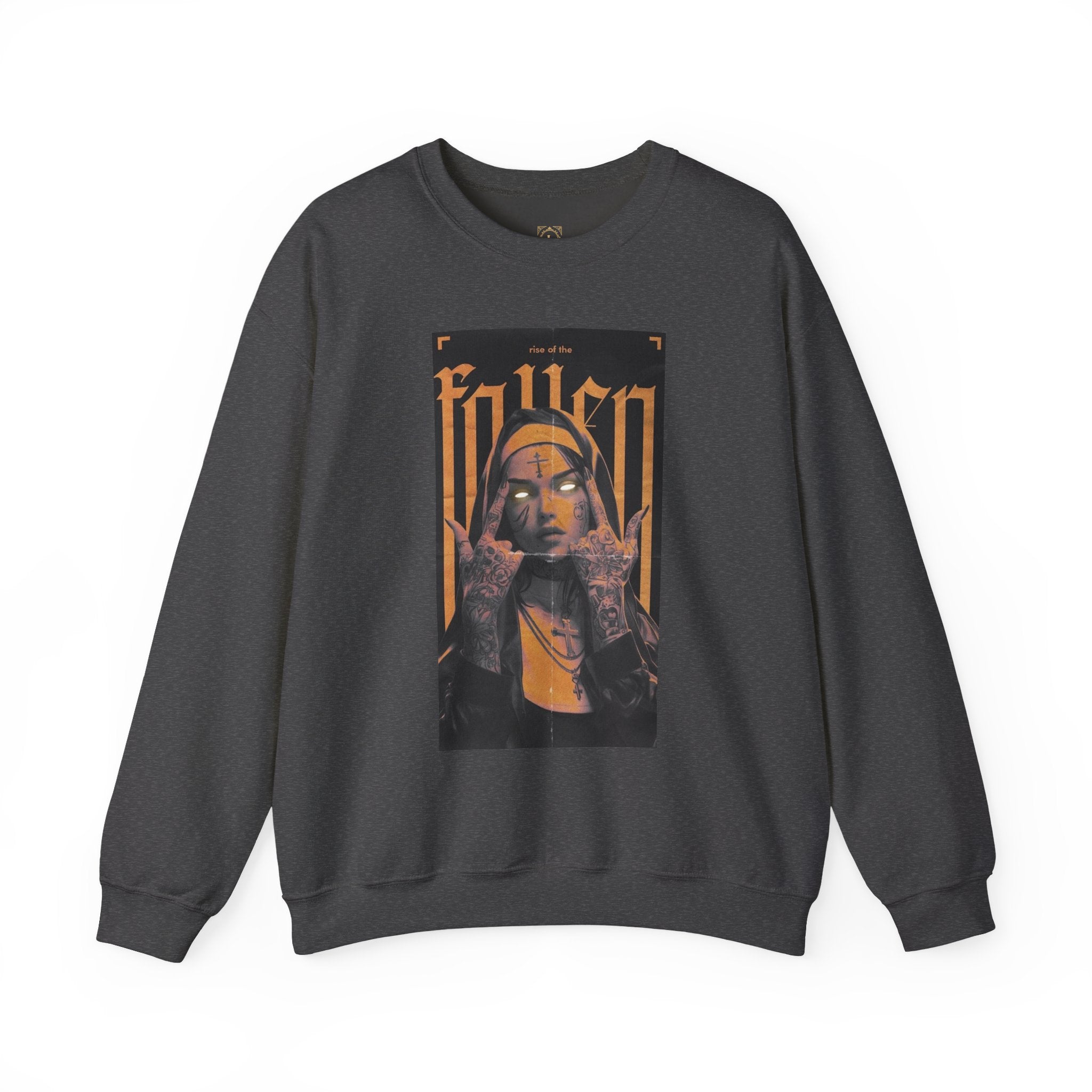 Fallen Gothic Crewneck Sweatshirt — Dark Tattooed Nun Graphic