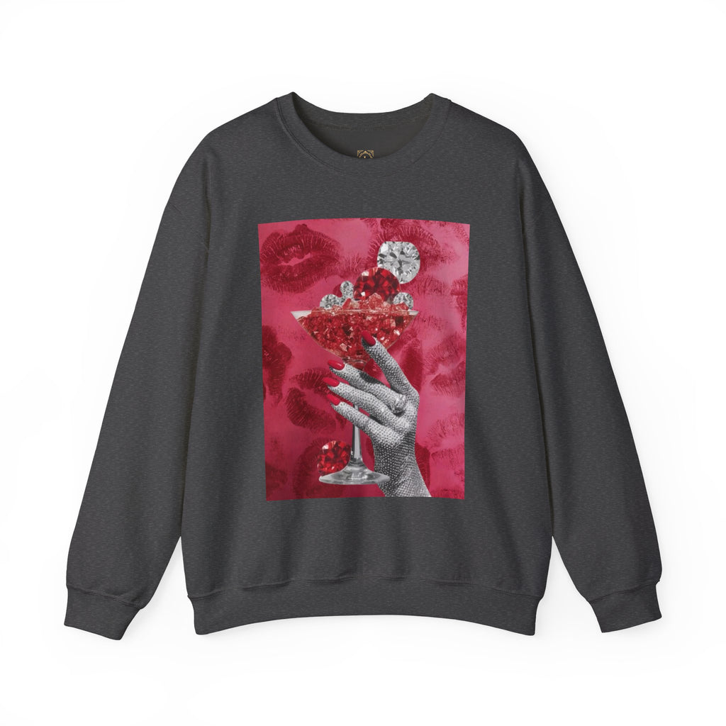 Crewneck Sweatshirt — Glamorous Red Cocktail Collage (Hand Holding Glass, Lip Print)